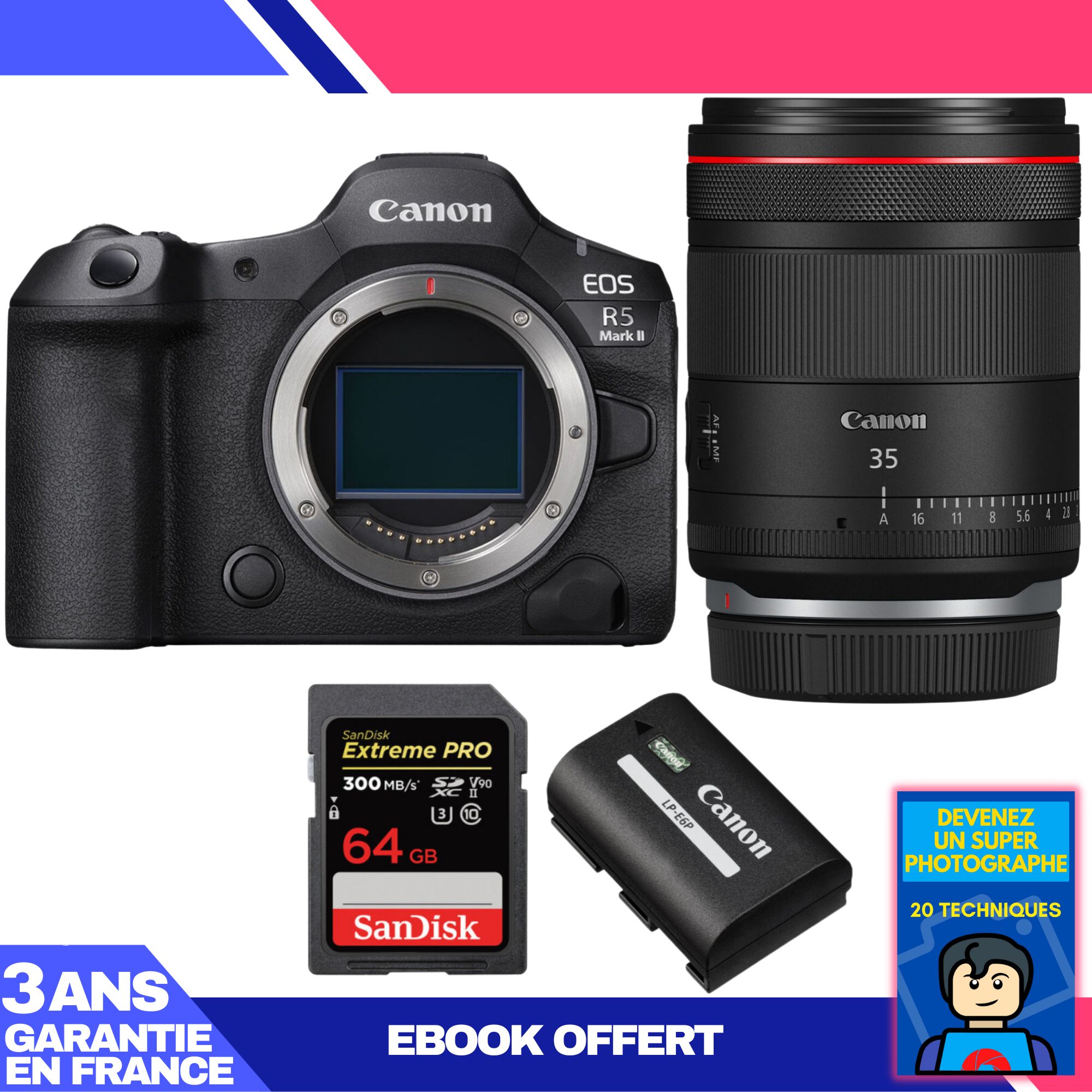 Kit de cámara Canon EOS R5 Mark II con objetivo RF 35 mm f/1.4 L VCM + tarjeta SD SanDisk 64 GB Extreme PRO + batería Canon LP-E6P + ebook