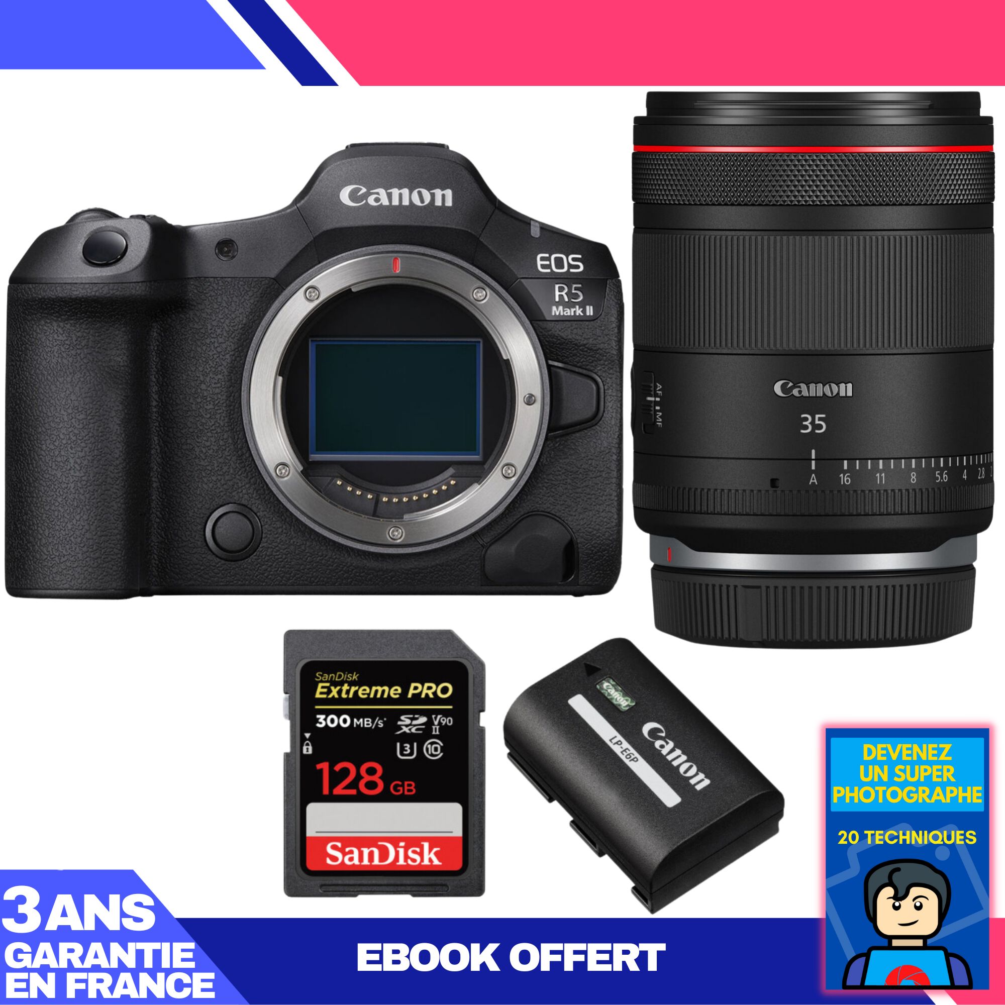 Kit de cámara Canon EOS R5 Mark II con objetivo RF 35 mm f/1.4 L VCM y tarjeta SD