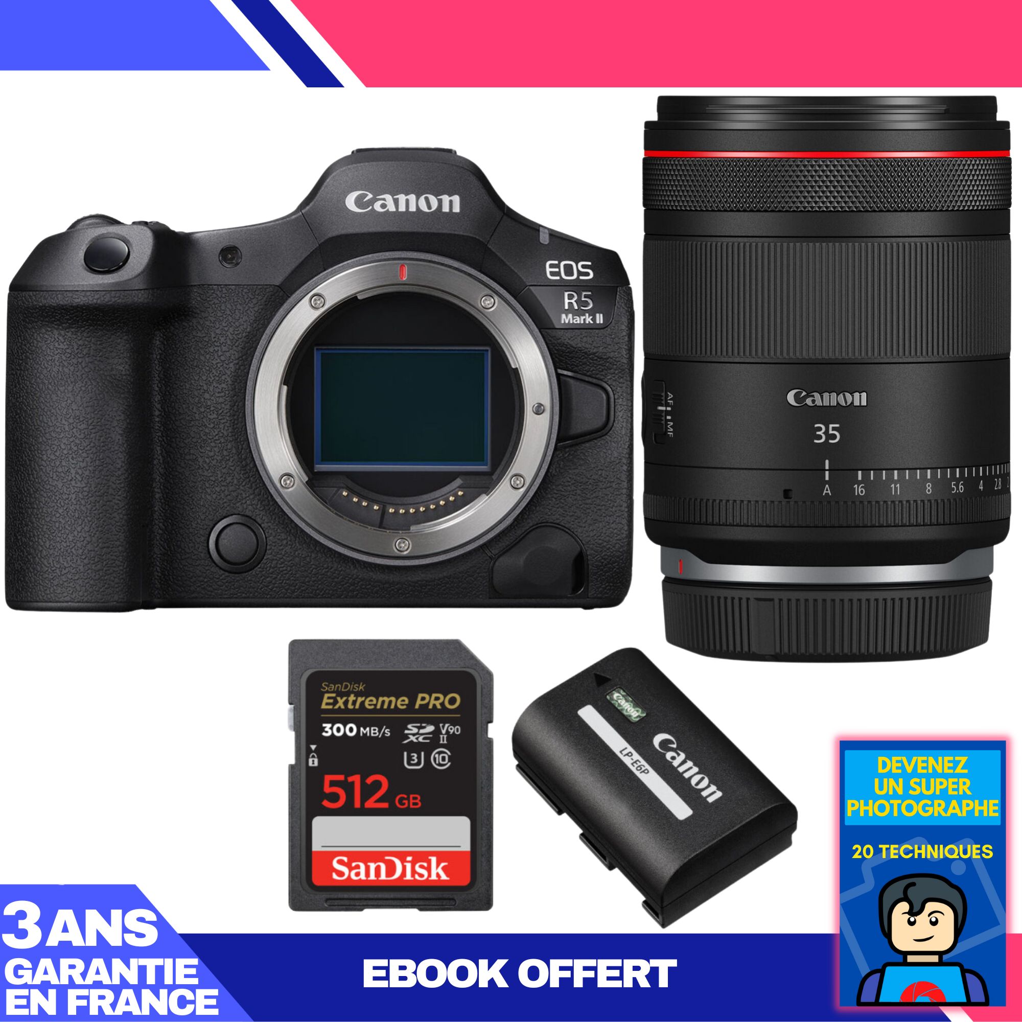 Kit de cámara Canon EOS R5 Mark II con objetivo RF 35mm f/1.4 L VCM y tarjetas SD SanDisk Extreme PRO
