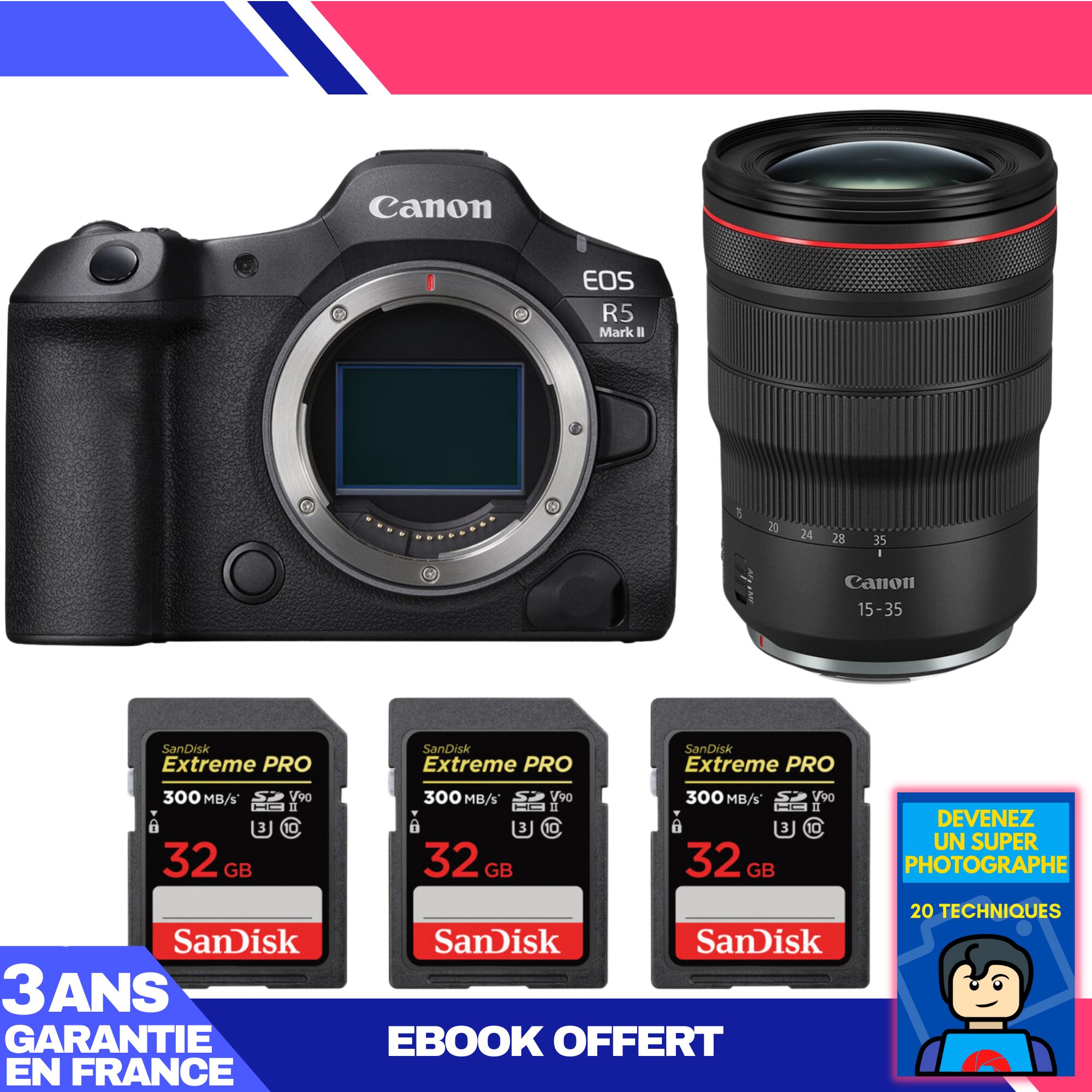 Canon EOS R5 Mark II Camera Kit with RF 15-35mm f/2.8L IS USM Lens and 3x 32GB SanDisk Extreme PRO UHS-II SDXC Cards