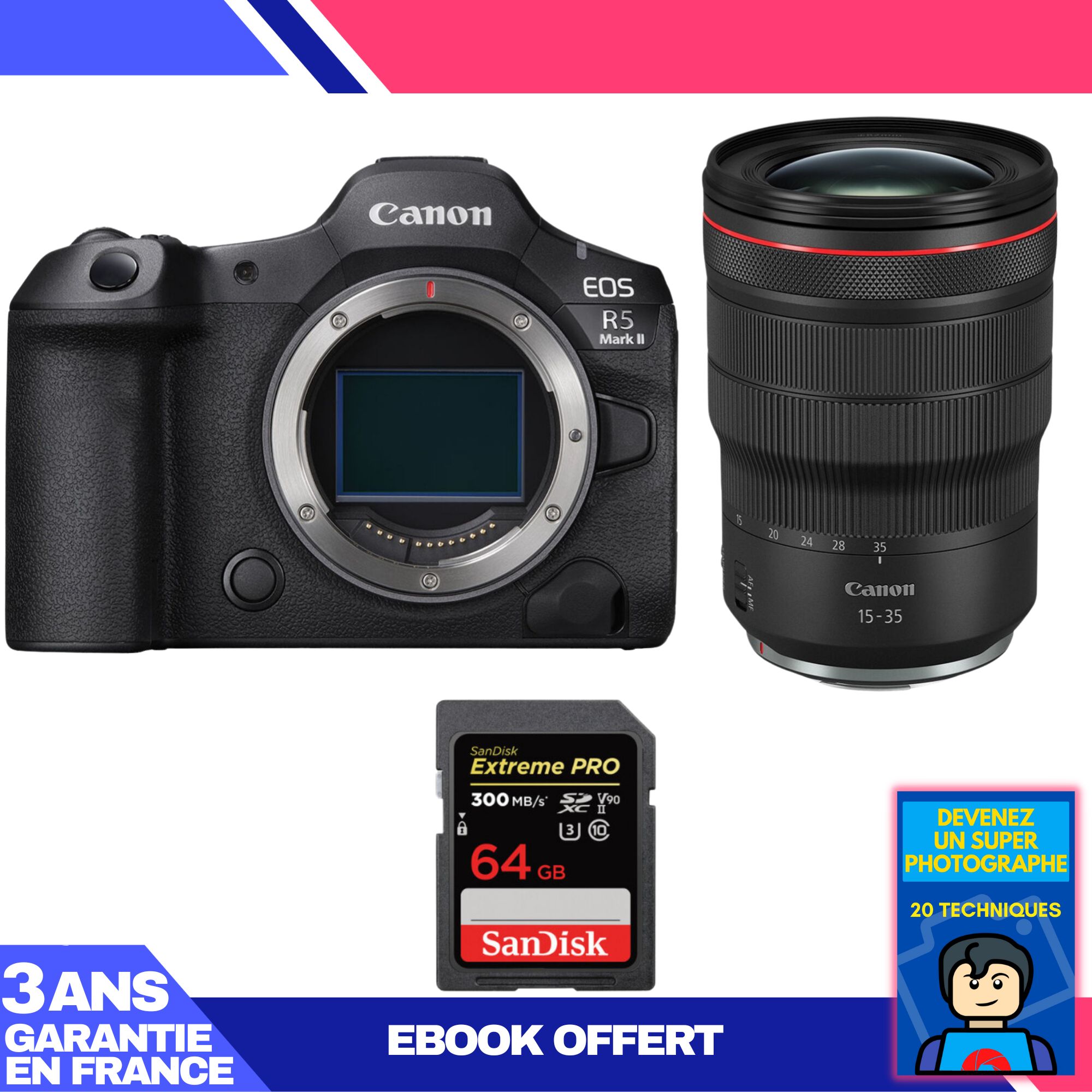 Canon EOS R5 Mark II + RF 15-35mm f/2.8 L IS USM Lens + 1x 64GB SanDisk Extreme PRO UHS-II SDXC Card + 'Become a Super Photographer' Ebook