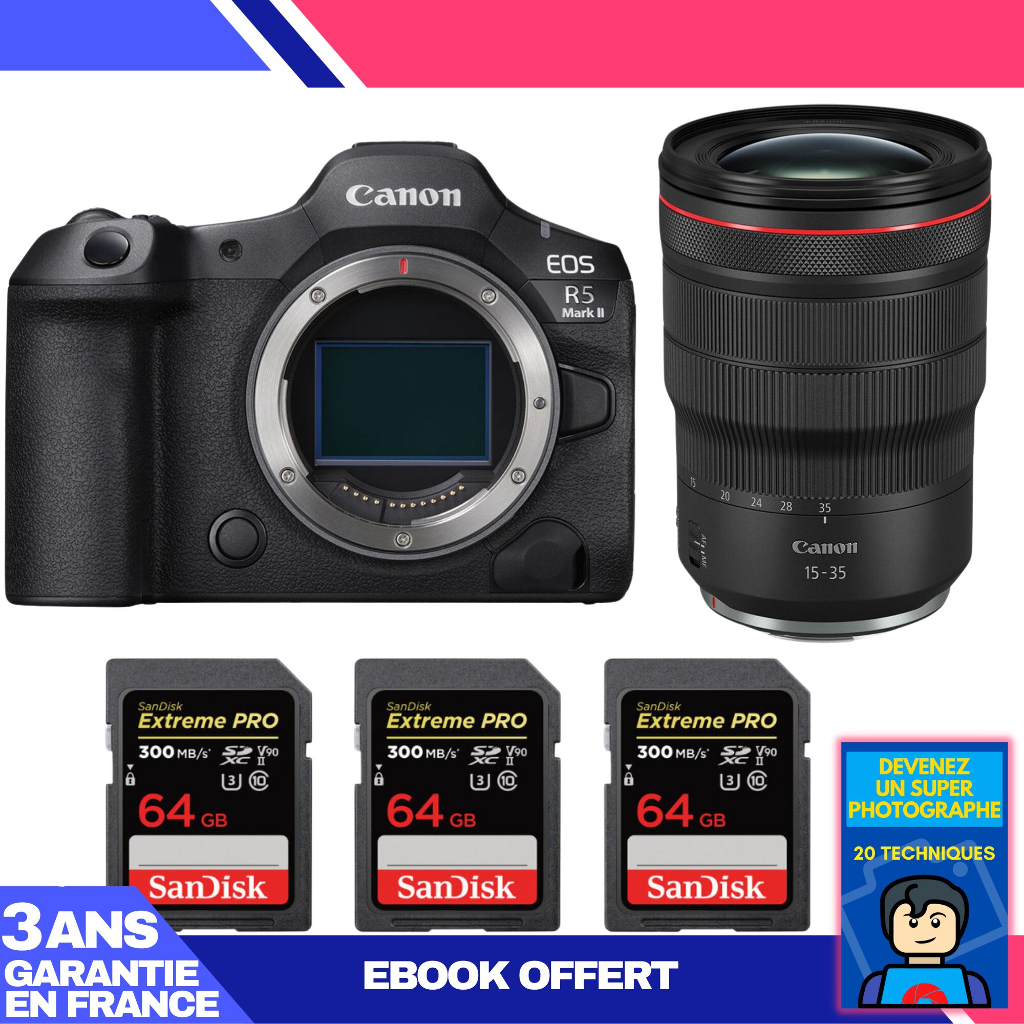 Canon EOS R5 Mark II Body + RF 15-35mm f/2.8 L IS USM Lens + 3 SanDisk 64GB Extreme PRO UHS-II SDXC Cards