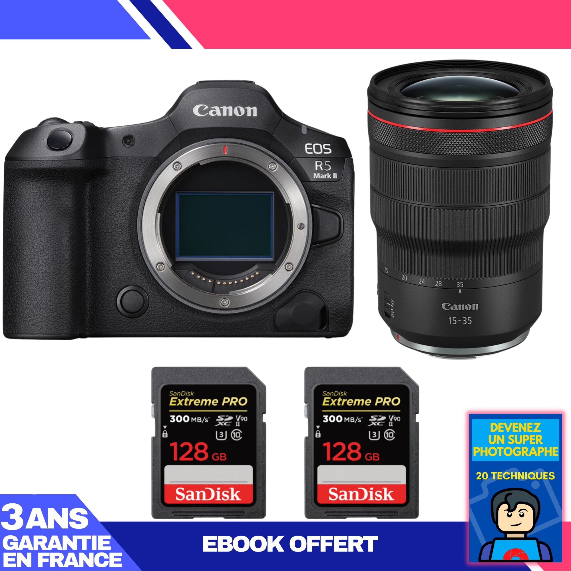 Canon EOS R5 Mark II + RF 15-35mm f/2.8 L IS USM Lens + 2x SanDisk 128GB Extreme PRO UHS-II SDXC Cards + 'Become a Super Photographer' Ebook
