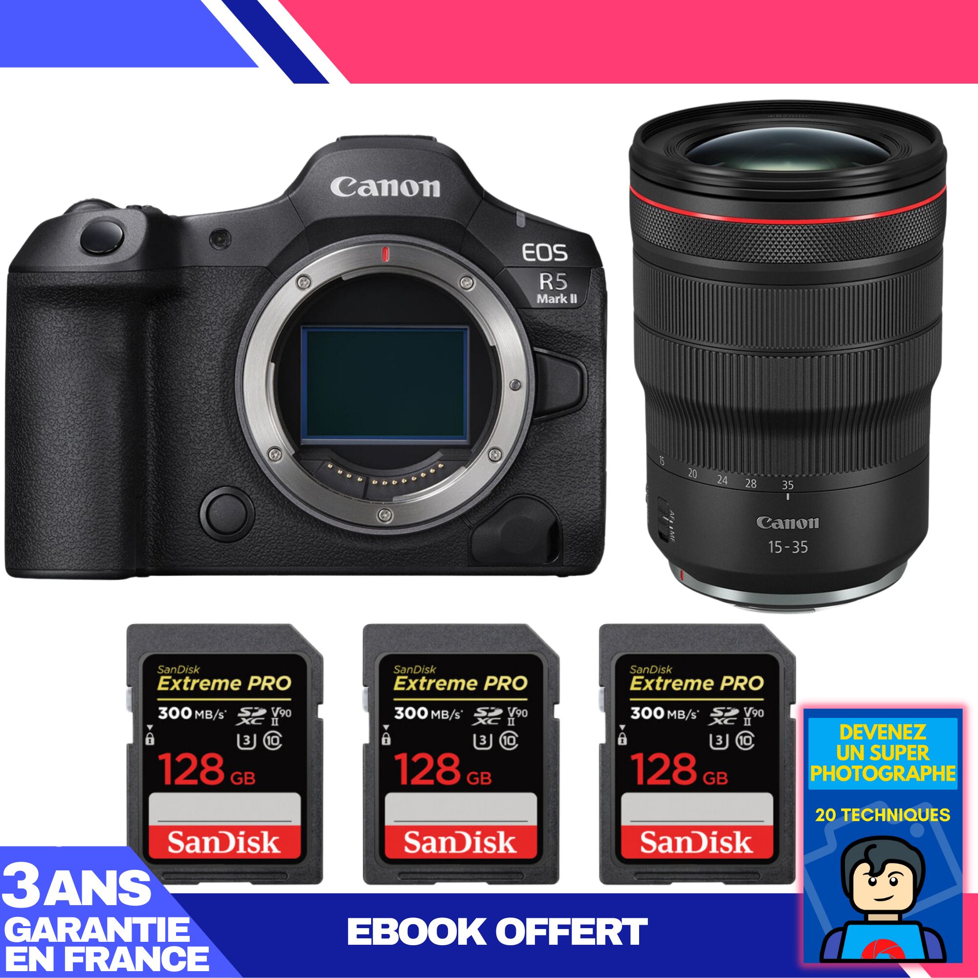 Canon EOS R5 Mark II Camera Kit with RF 15-35mm f/2.8L IS USM Lens and 3 SanDisk 128GB Extreme PRO SD Cards