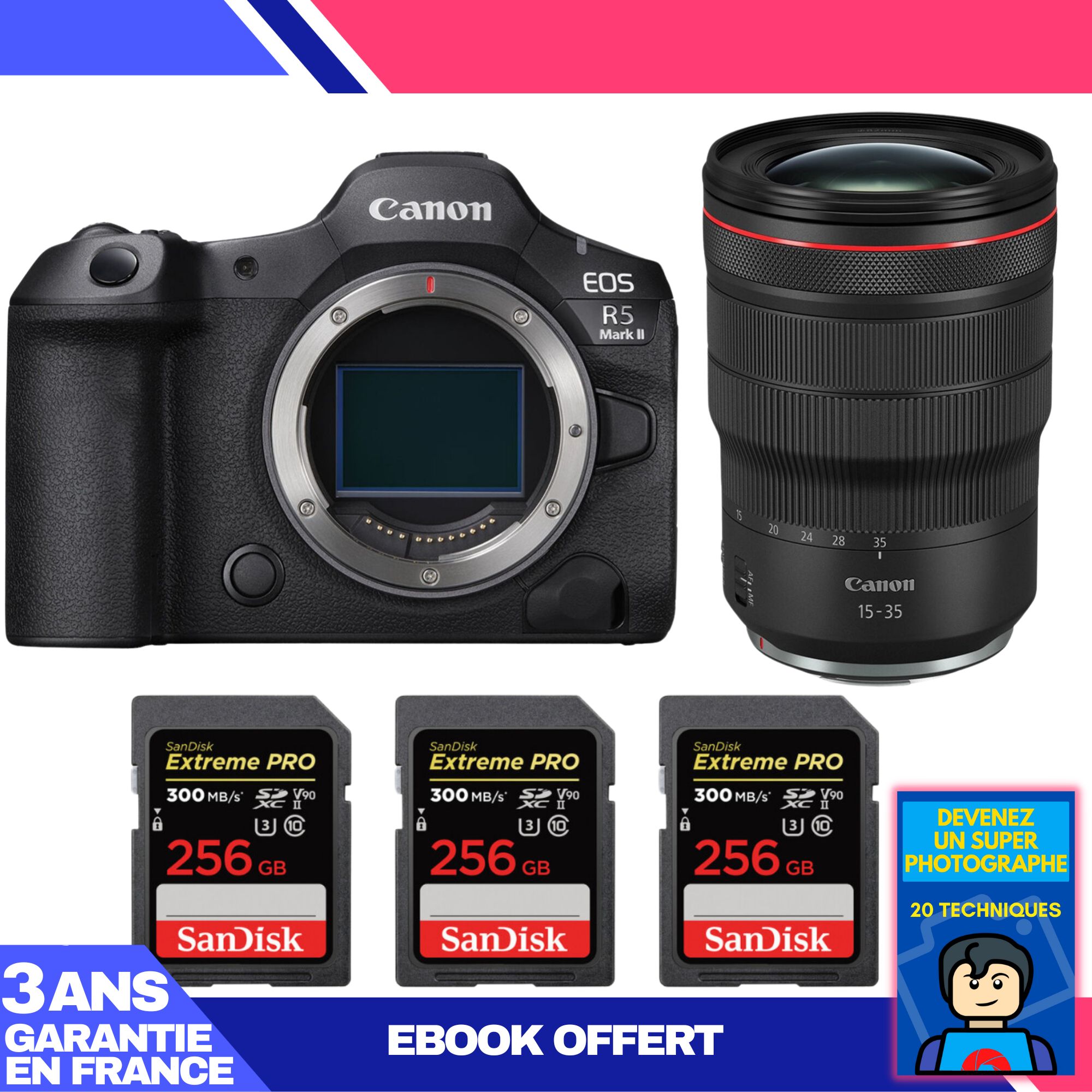 Canon EOS R5 Mark II Camera Kit with RF 15-35mm f/2.8 L IS USM Lens + 3 SanDisk 256GB Extreme PRO SD Cards + Ebook: Become a Super Photographer