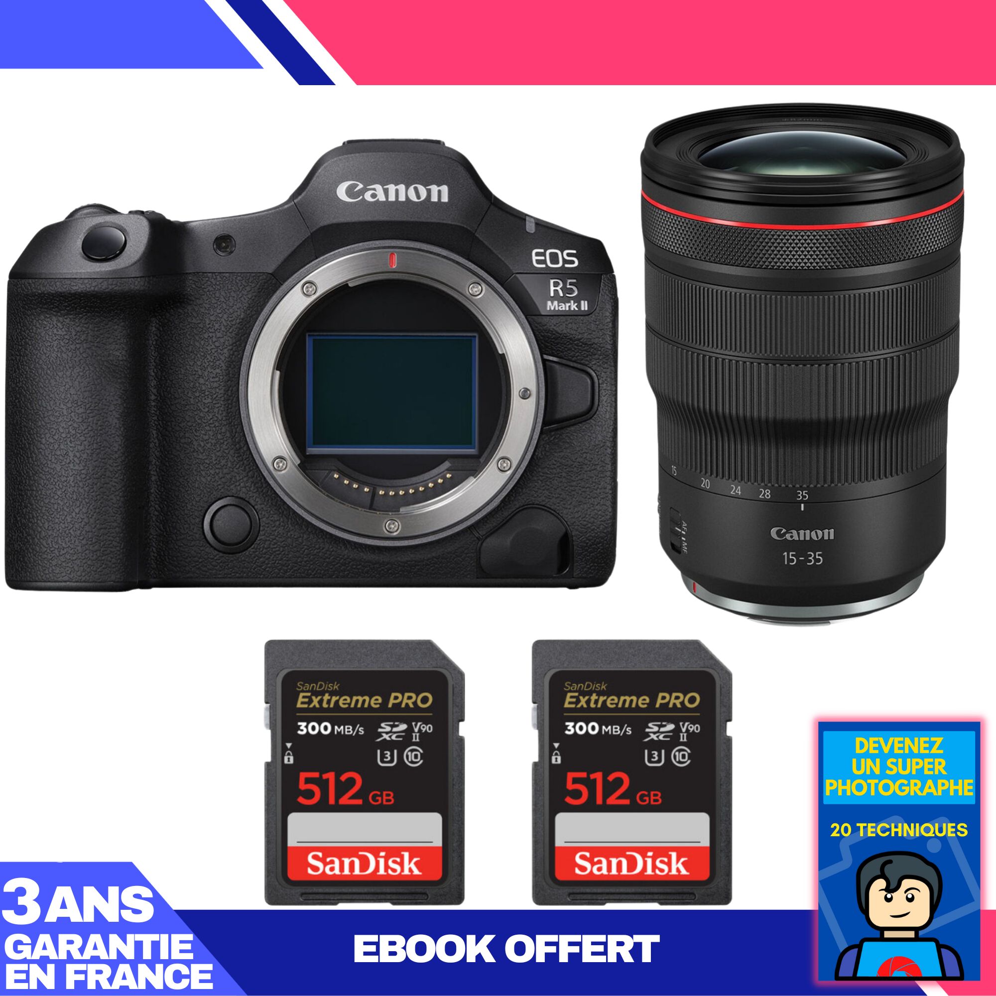 Canon EOS R5 Mark II Camera Kit with RF 15-35mm f/2.8 L IS USM Lens + 2x 512GB SanDisk Extreme PRO SDXC Cards