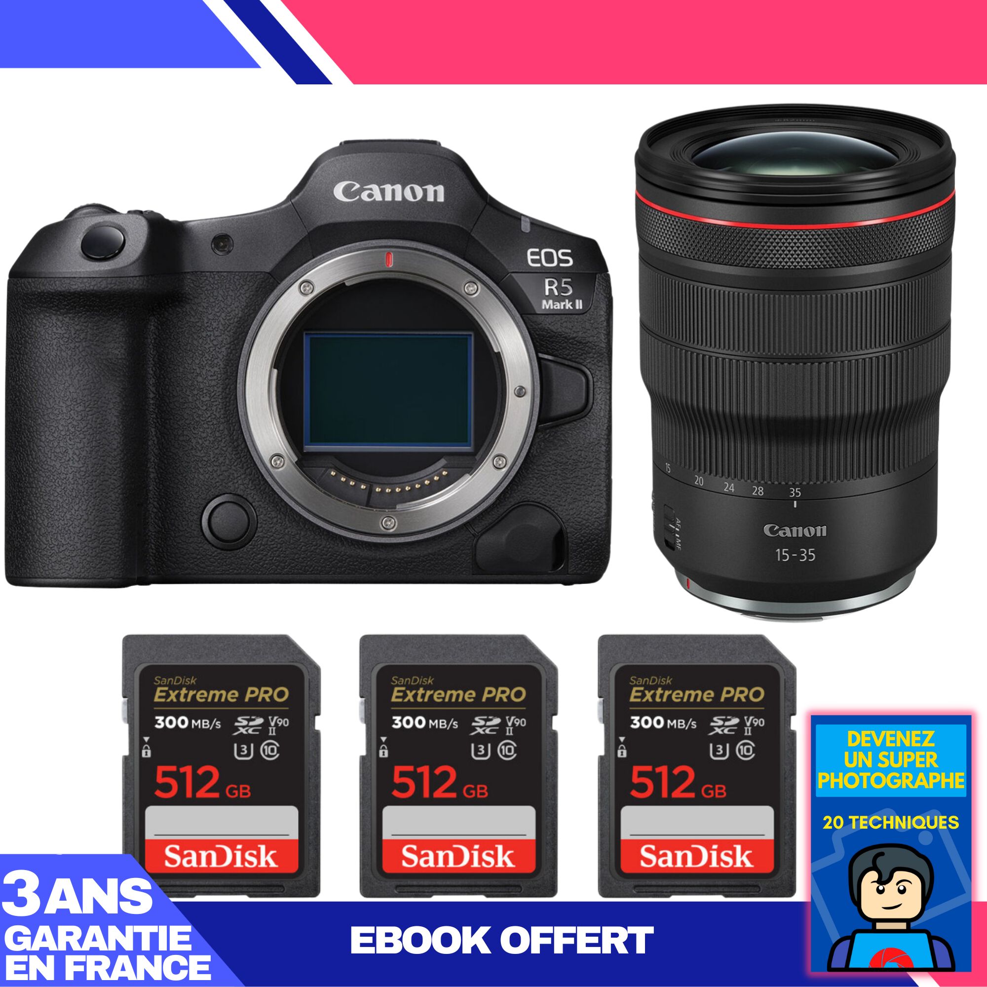 Canon EOS R5 Mark II Camera Kit with RF 15-35mm f/2.8 L IS USM Lens + 3x 512GB SanDisk Extreme PRO UHS-II SDXC Cards