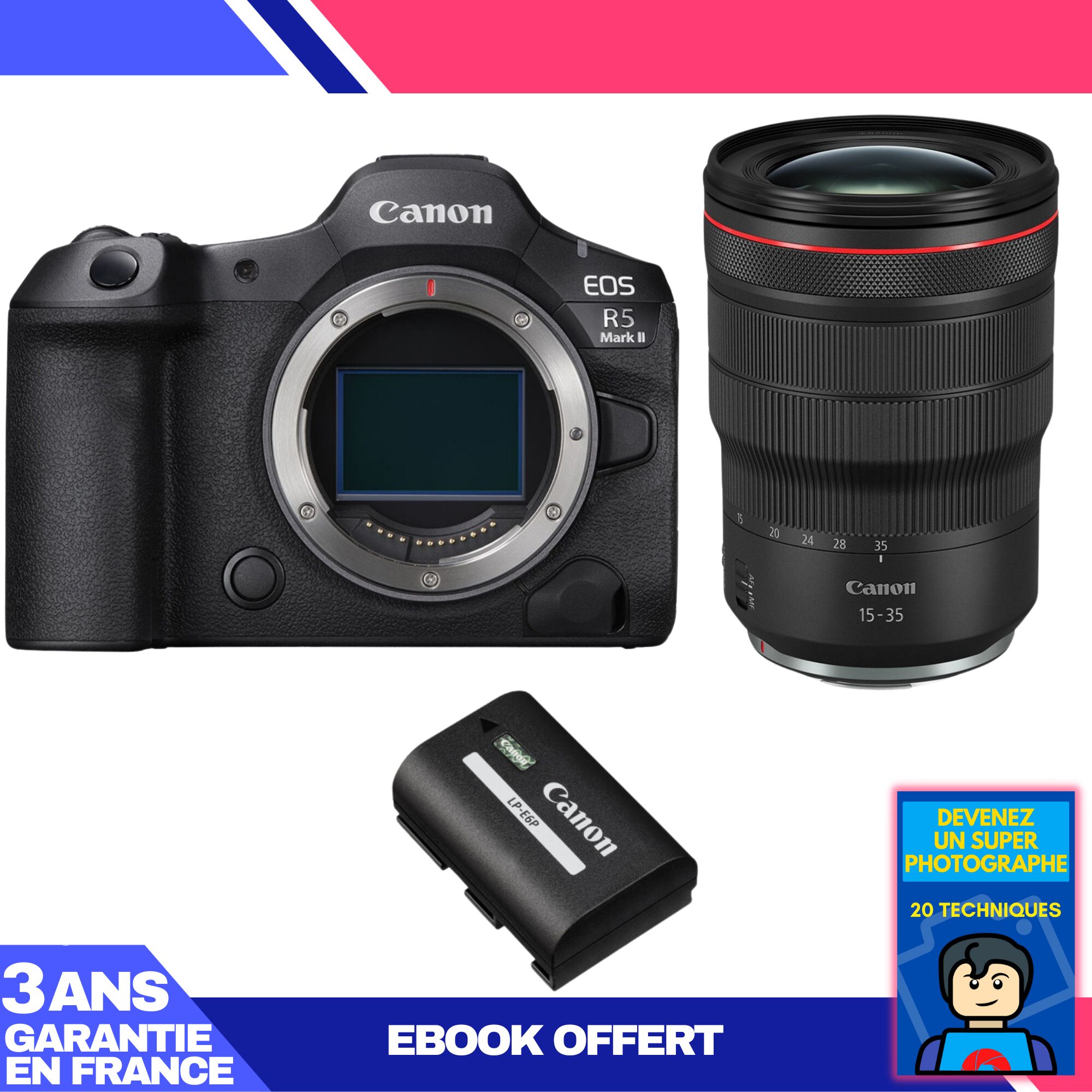Canon EOS R5 Mark II Camera + RF 15-35mm f/2.8 L IS USM Lens + LP-E6P Battery + Ebook: Become a Super Photographer