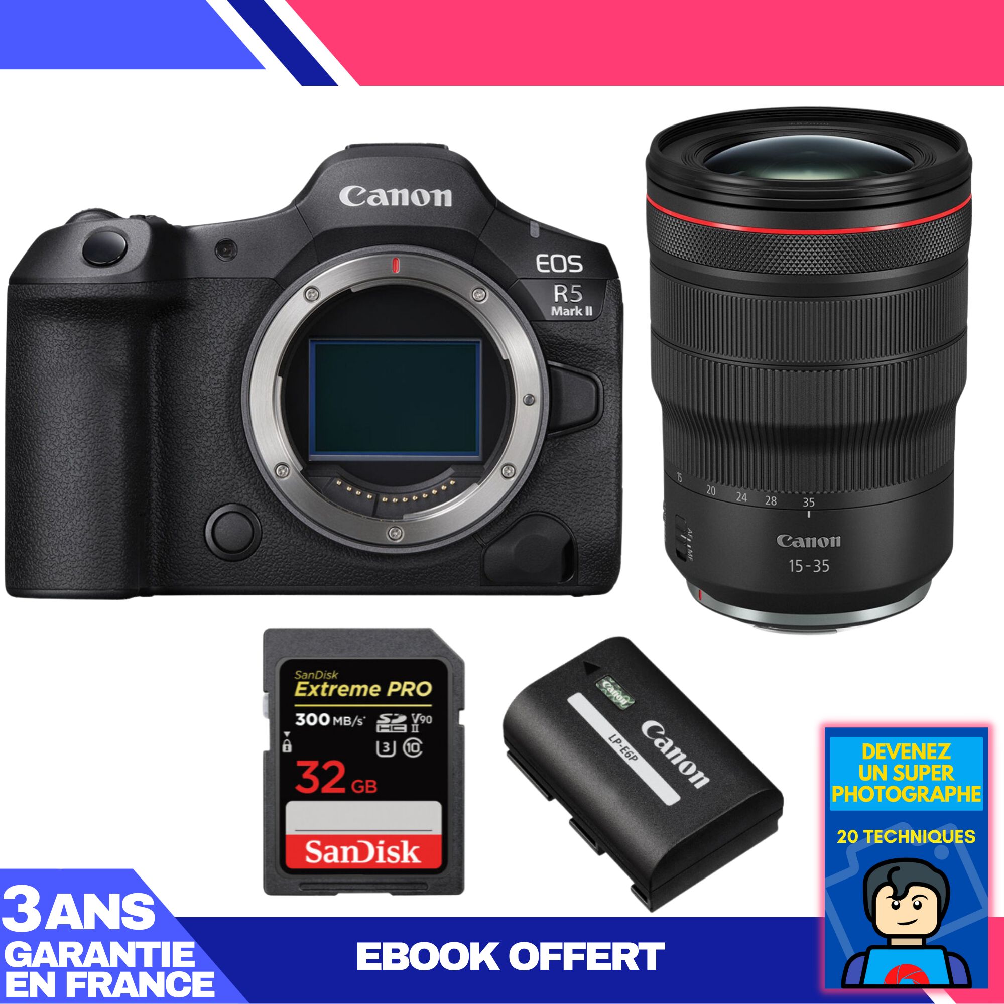 Canon EOS R5 Mark II Camera Kit with RF 15-35mm f/2.8 L IS USM Lens + 2x 32GB SanDisk Extreme PRO UHS-II SDXC Cards + Canon LP-E6P Battery + Ebook: Become a Super Photographer