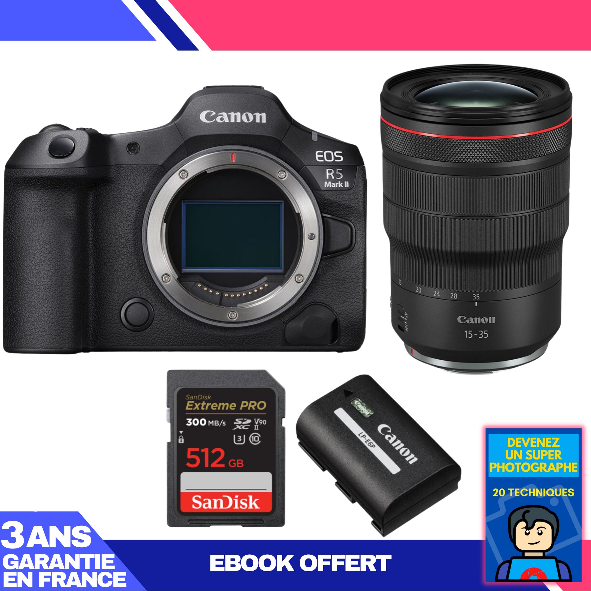 Canon EOS R5 Mark II + RF 15-35mm f/2.8 L IS USM + 1x 512GB SanDisk Extreme PRO UHS-II SDXC Card + 1x Canon LP-E6P