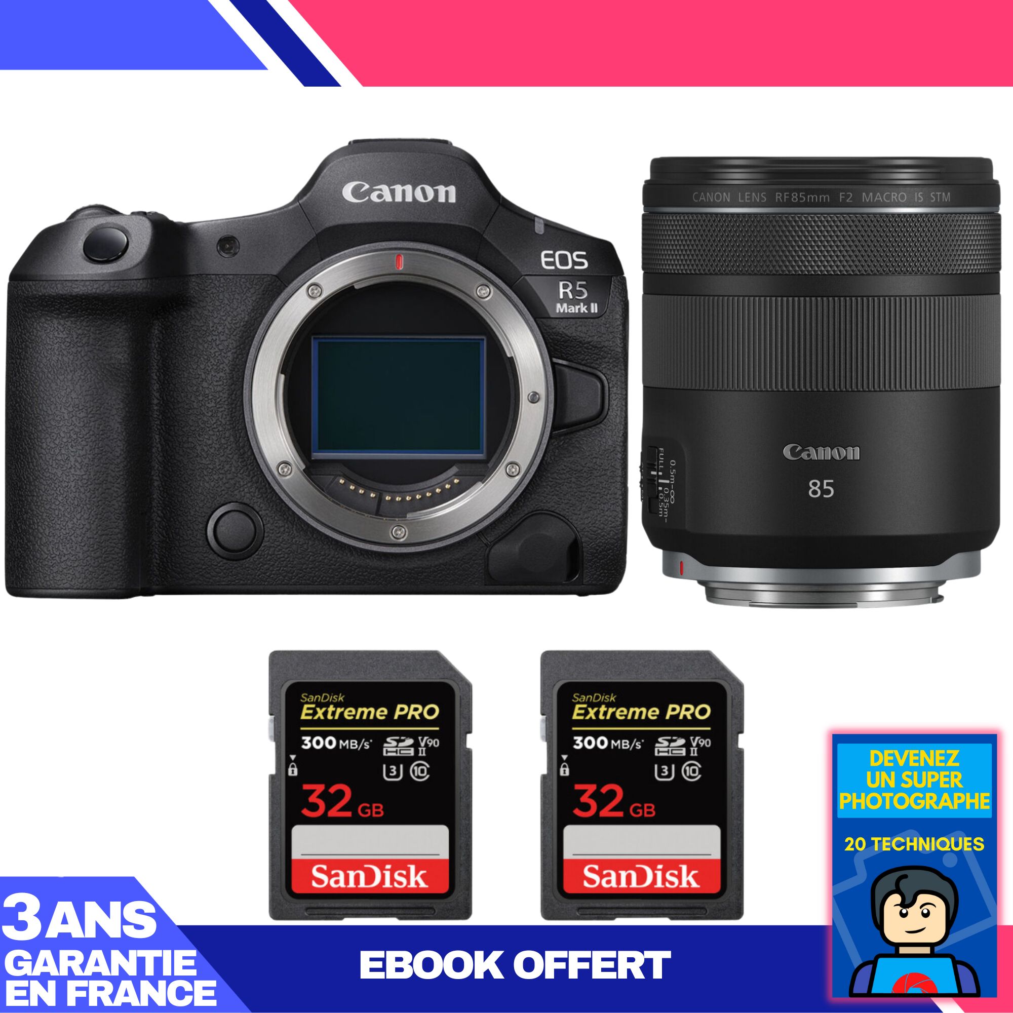 Canon EOS R5 Mark II + RF 85mm f/2 Macro IS STM Lens + 2x 32GB SanDisk Extreme PRO UHS-II SDXC Memory Cards + 'Become a Super Photographer' Ebook