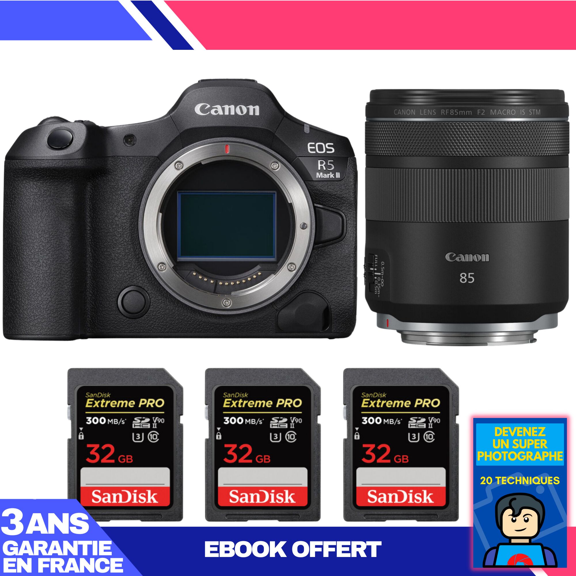 Cámara Canon EOS R5 Mark II + Lente RF 85 mm f/2 Macro IS STM + 3 Tarjetas SDXC SanDisk 32 GB Extreme PRO UHS-II + Ebook 'Conviértete en un fotógrafo súper'