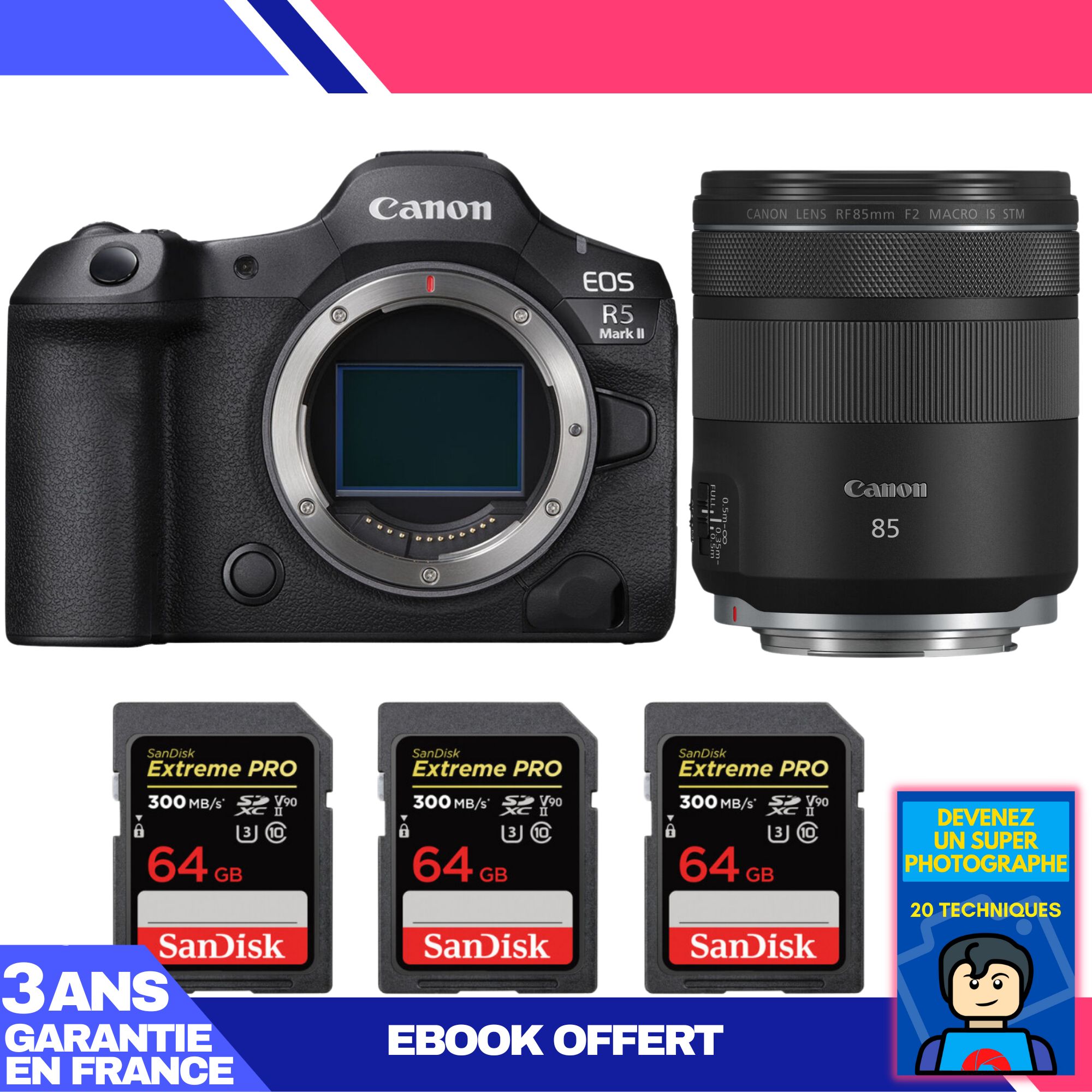 Cámara Canon EOS R5 Mark II + Lente RF 85mm f/2 Macro IS STM + 3 Tarjetas SD SanDisk 64GB Extreme PRO UHS-II 300 MB/s + Ebook 'Conviértase en un Fotógrafo Super'