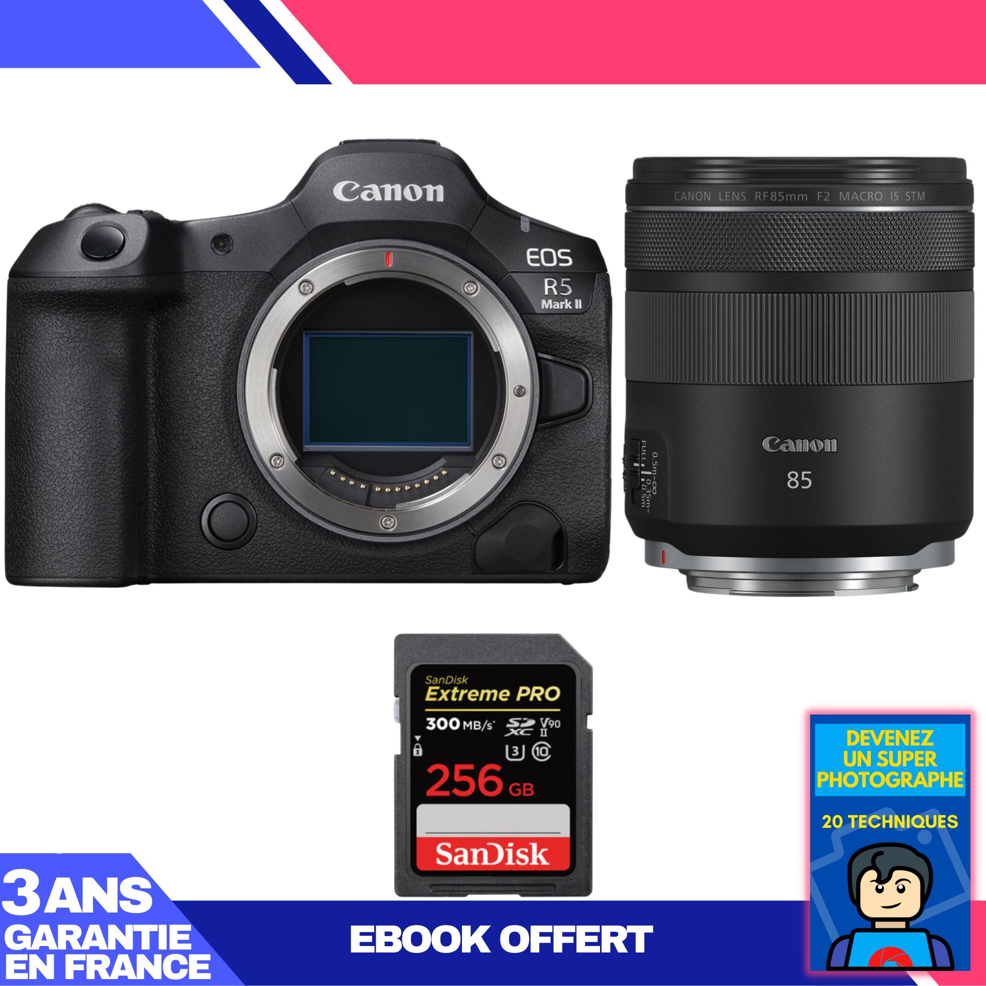 Appareil photo Canon EOS R5 Mark II + Objectif RF 85mm f/2 Macro IS STM + Carte SDXC SanDisk 256 Go Extreme PRO UHS-II 300 Mo/s + Guide 'Devenez un super photographe'