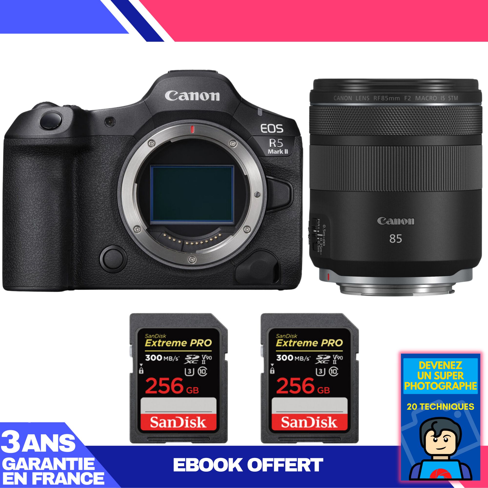 Canon EOS R5 Mark II + RF 85mm f/2 Macro IS STM Lens + 2x 256GB SanDisk Extreme PRO UHS-II SDXC Cards + 'Become a Super Photographer' Ebook