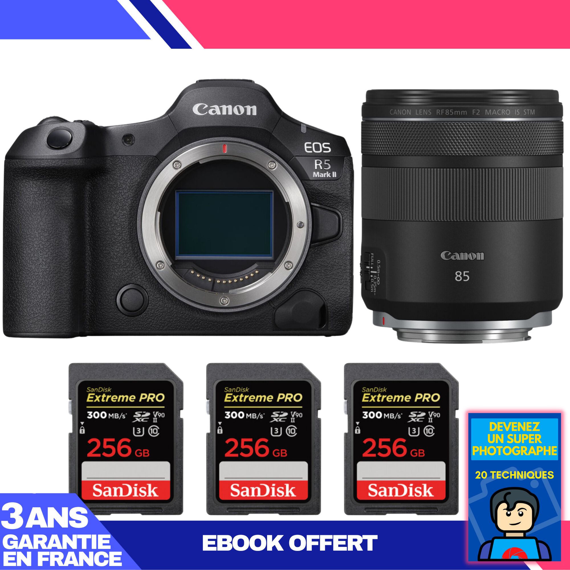 Cámara Canon EOS R5 Mark II + Objetivo RF 85 mm f/2 Macro IS STM + 3 Tarjetas de memoria SanDisk 256 GB Extreme PRO UHS-II + Ebook 'Conviértete en un fotógrafo súper'