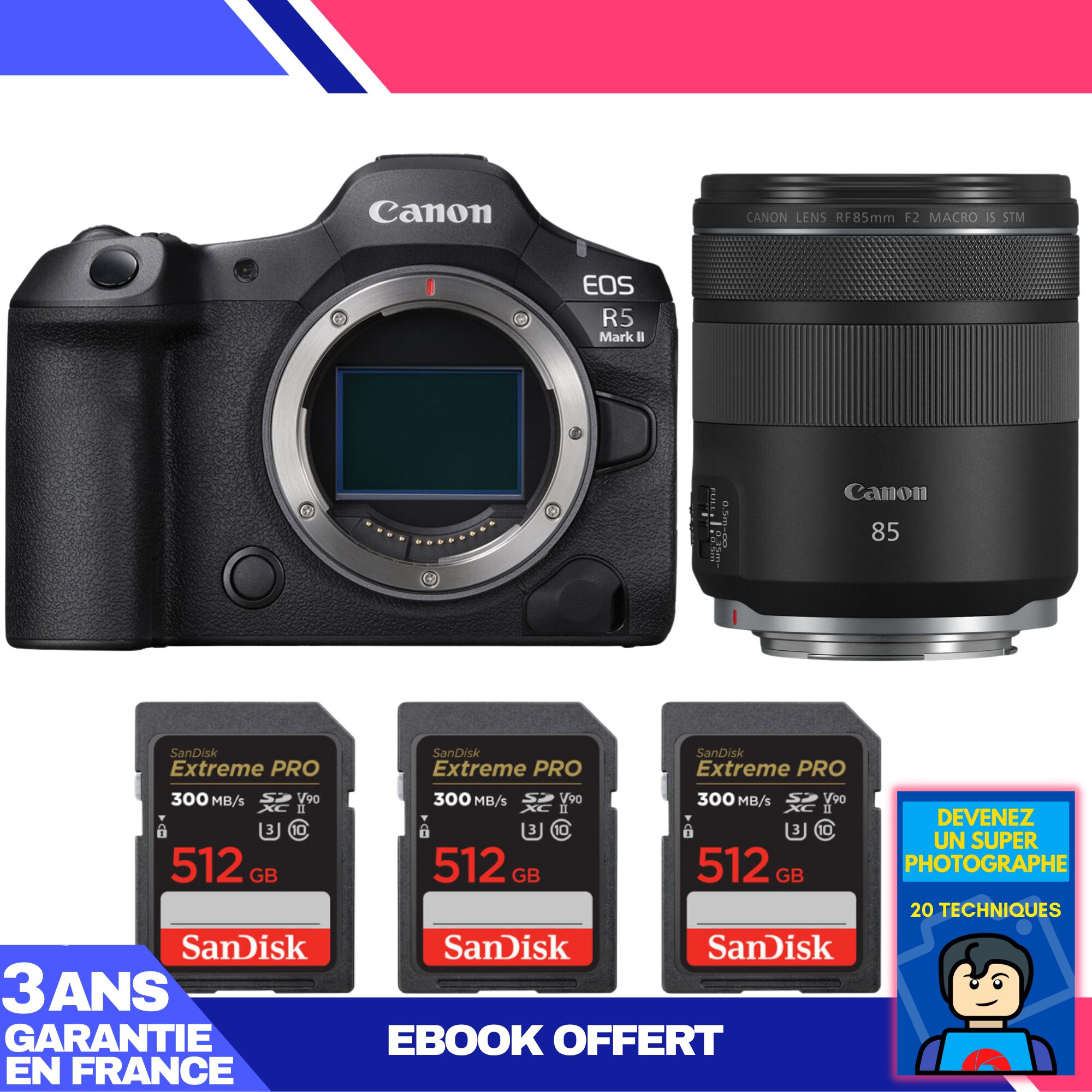 Canon EOS R5 Mark II + Lente RF 85mm f/2 Macro IS STM + 3 Tarjetas SD SanDisk 512GB Extreme PRO UHS-II + Ebook 'Conviértete en un Fotógrafo Super'