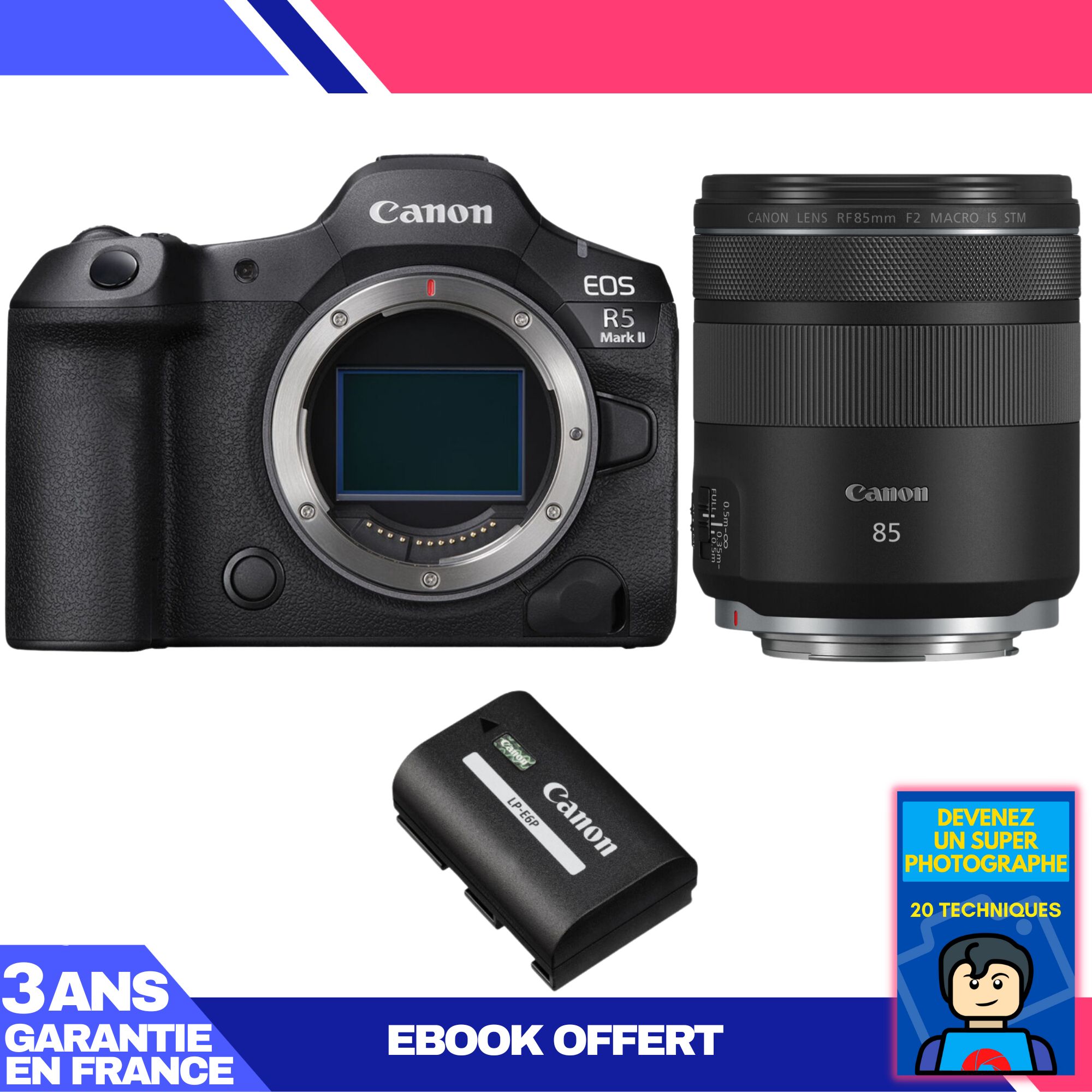 Kit Canon EOS R5 Mark II + Objetivo RF 85mm f/2 Macro IS STM + Batería LP-E6P + Ebook