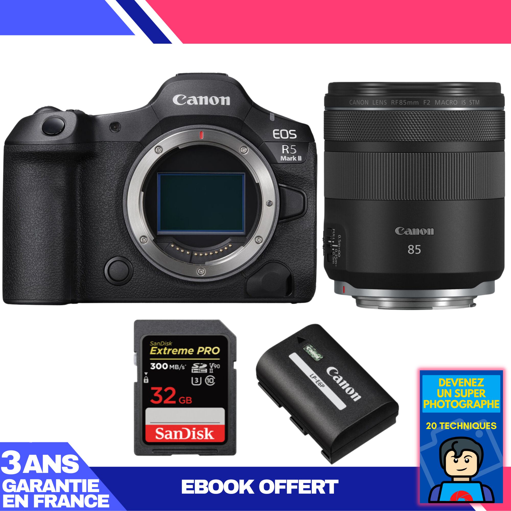 Canon EOS R5 Mark II Camera + RF 85mm f/2 Macro IS STM Lens + 1 SanDisk 32GB Extreme PRO UHS-II SDXC Card + 1 Canon LP-E6P Battery + 'Become a Super Photographer Ebook