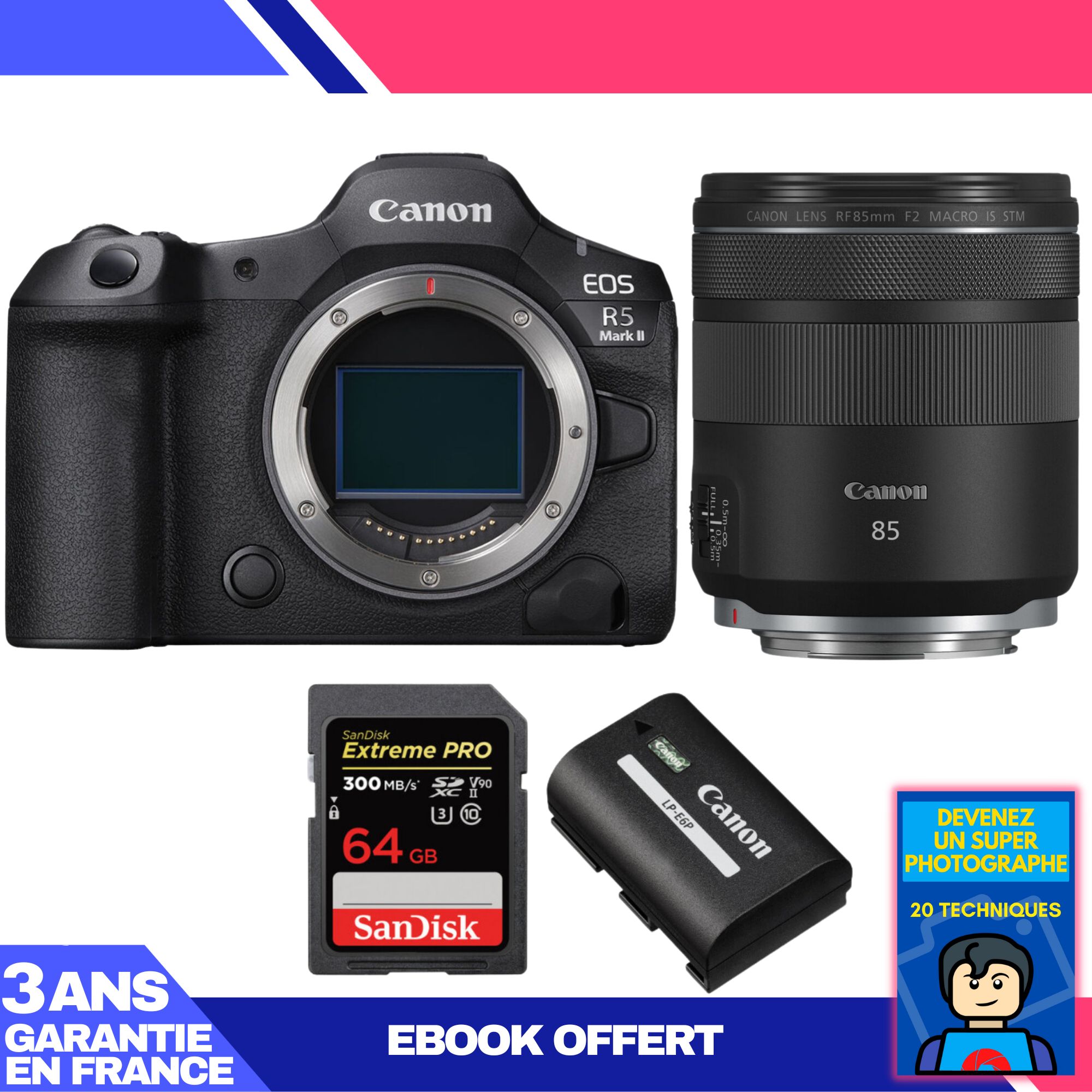 Canon EOS R5 Mark II Camera + RF 85mm f/2 Macro IS STM Lens + 1x SanDisk 64GB Extreme PRO UHS-II SDXC Card + 1x Canon LP-E6P Battery + 'Become a Super Photographer' Ebook