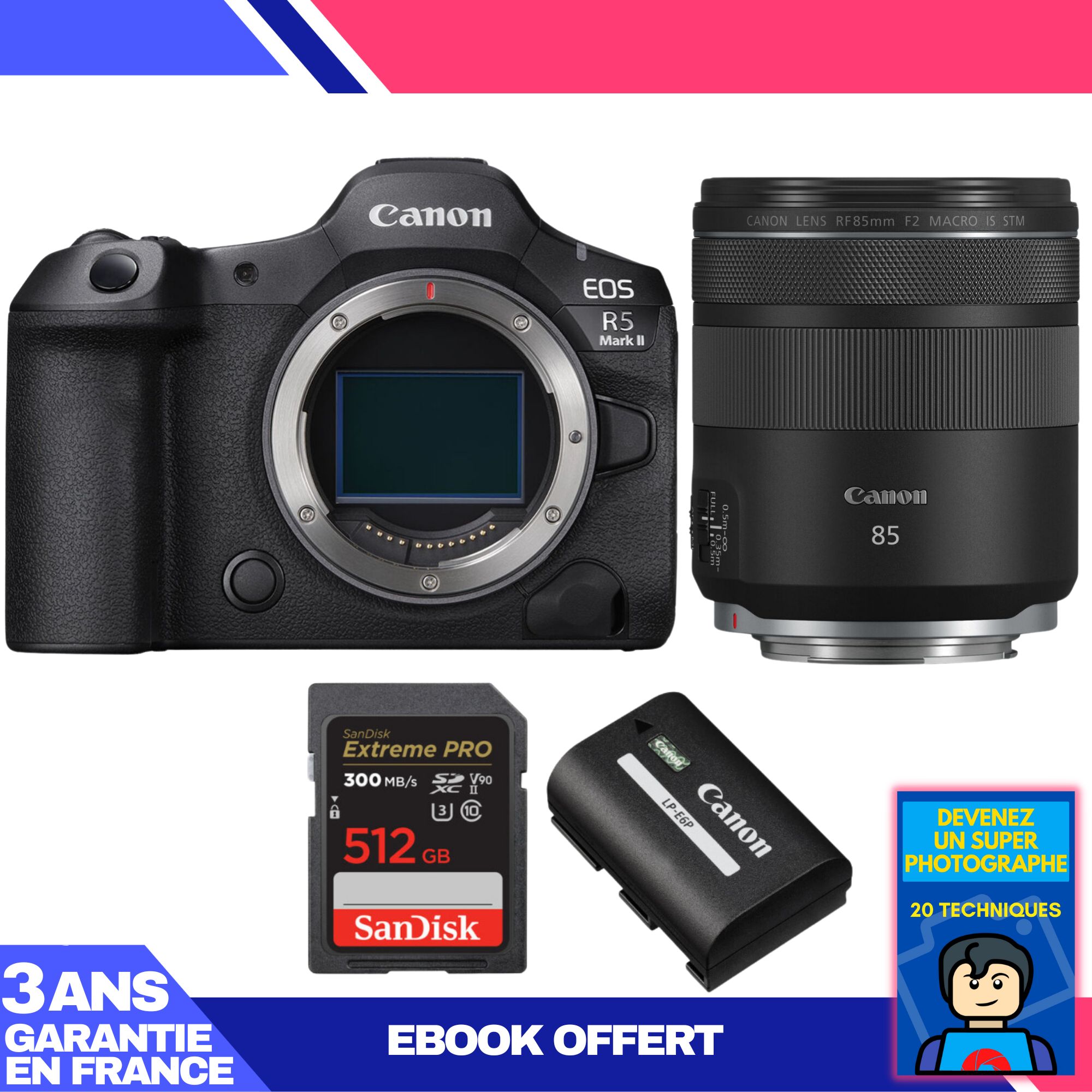 Canon EOS R5 Mark II + RF 85mm f/2 Macro IS STM + 1x 512GB SanDisk Extreme PRO UHS-II SDXC + 1x Canon LP-E6P (eBook included)