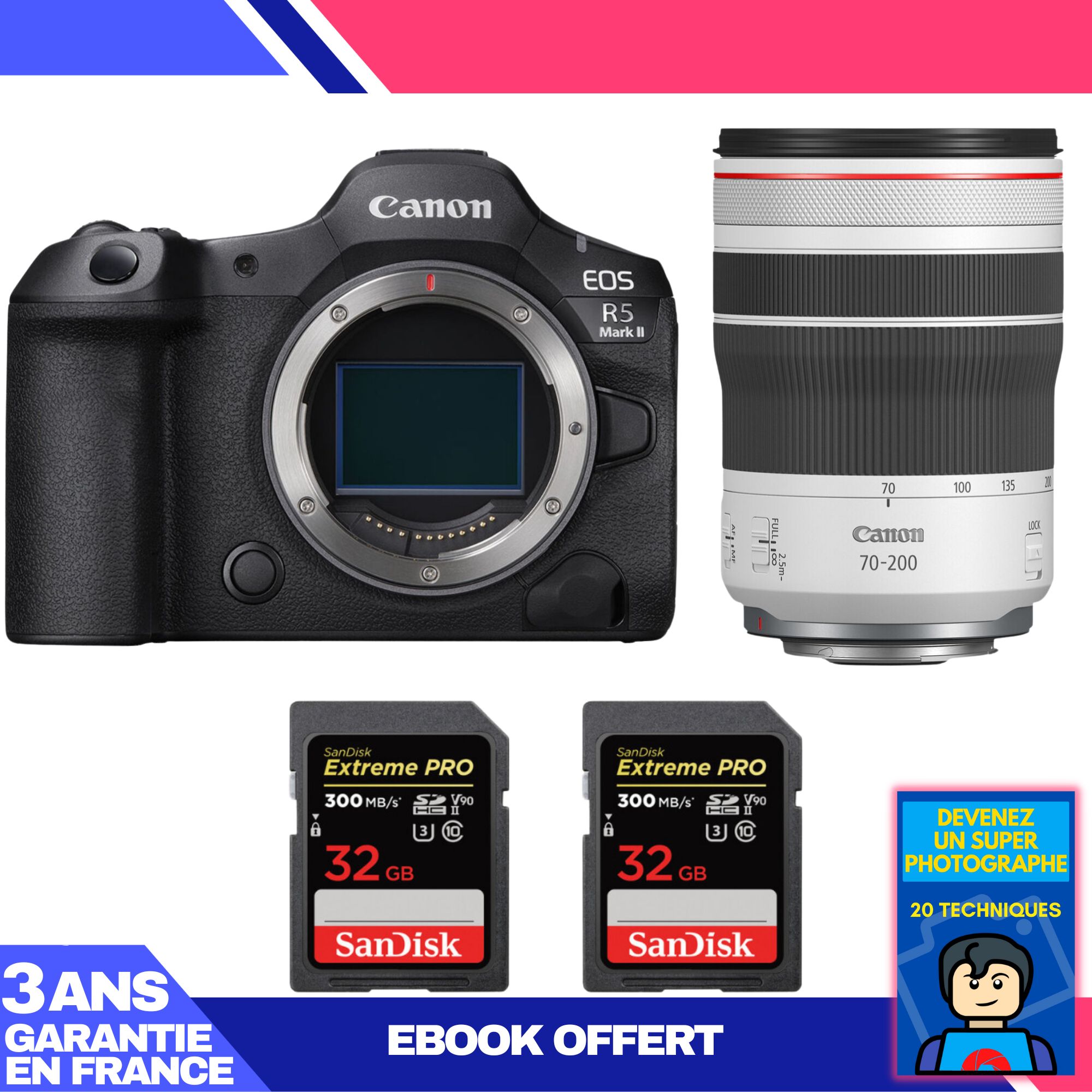 Canon EOS R5 Mark II Camera + RF 70-200mm f/4 L IS USM Lens + 2x 32GB SanDisk Extreme PRO UHS-II SDXC Cards + 'Become a Super Photographer' Ebook