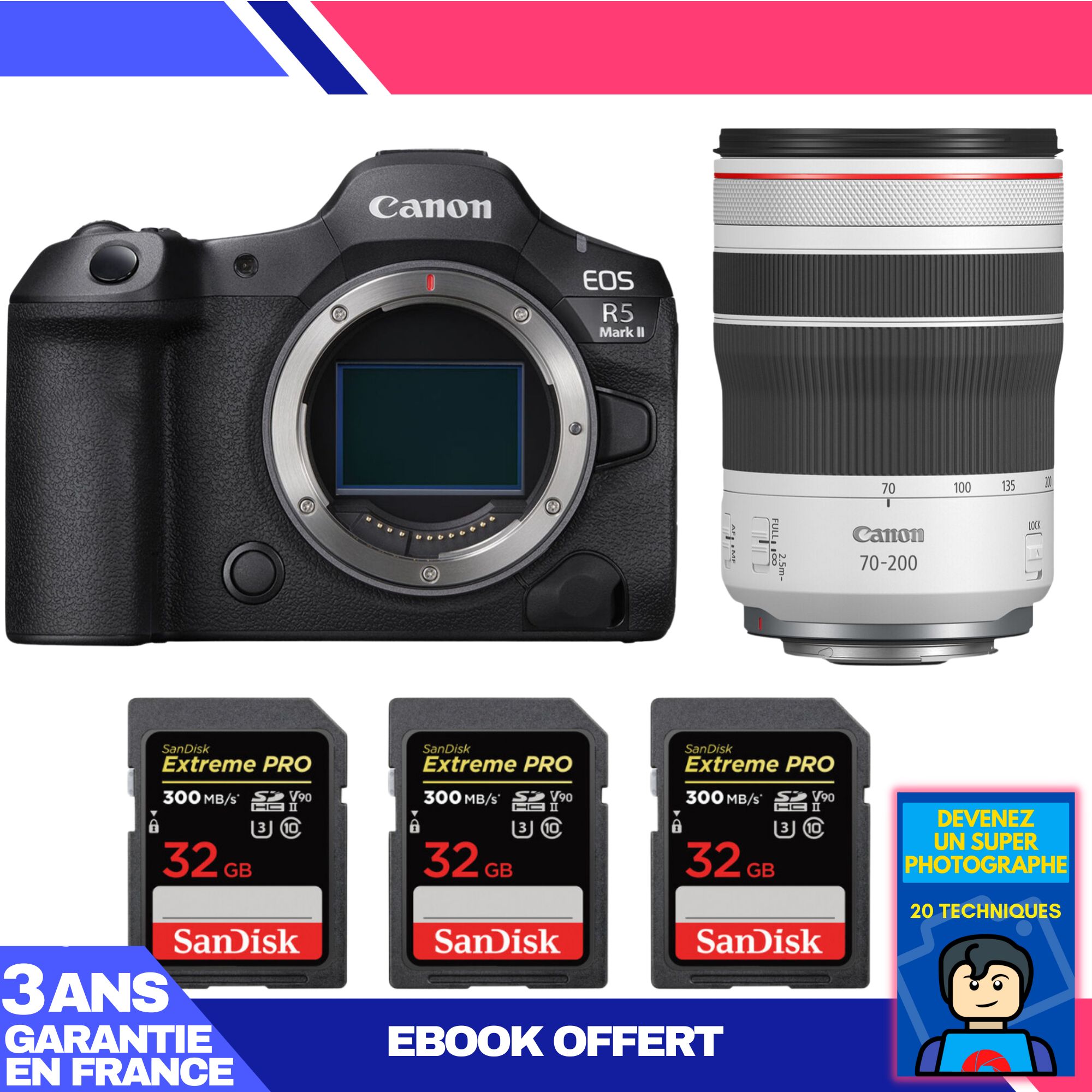 Appareil photo Canon EOS R5 Mark II + Objectif RF 70-200mm f/4 L IS USM + 3 Cartes mémoire SanDisk 32 Go Extreme PRO UHS-II