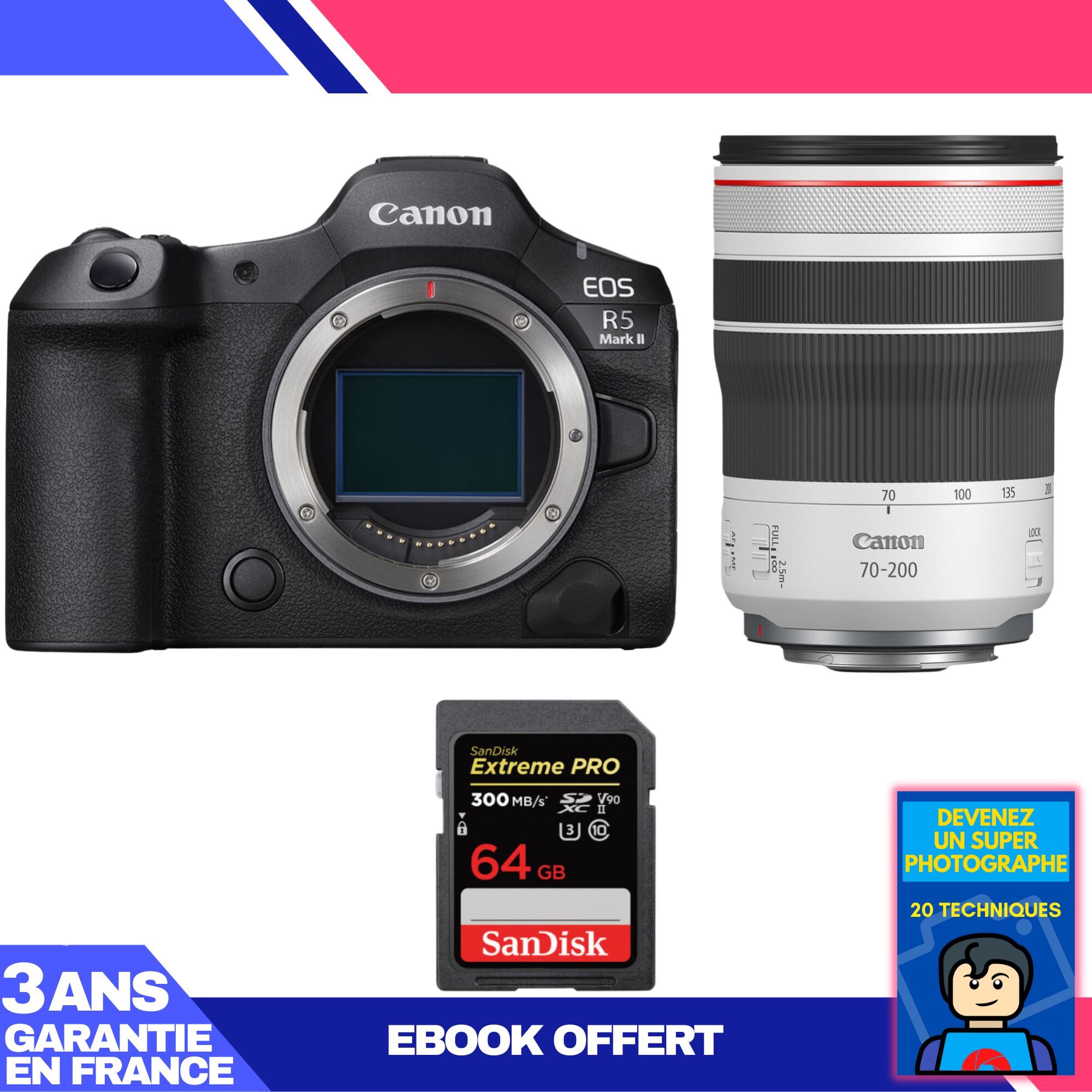 Canon EOS R5 Mark II Camera + RF 70-200mm f/4 L IS USM Lens + 1 SanDisk 64GB Extreme PRO UHS-II SDXC Card + 'Become a Super Photographer' Ebook