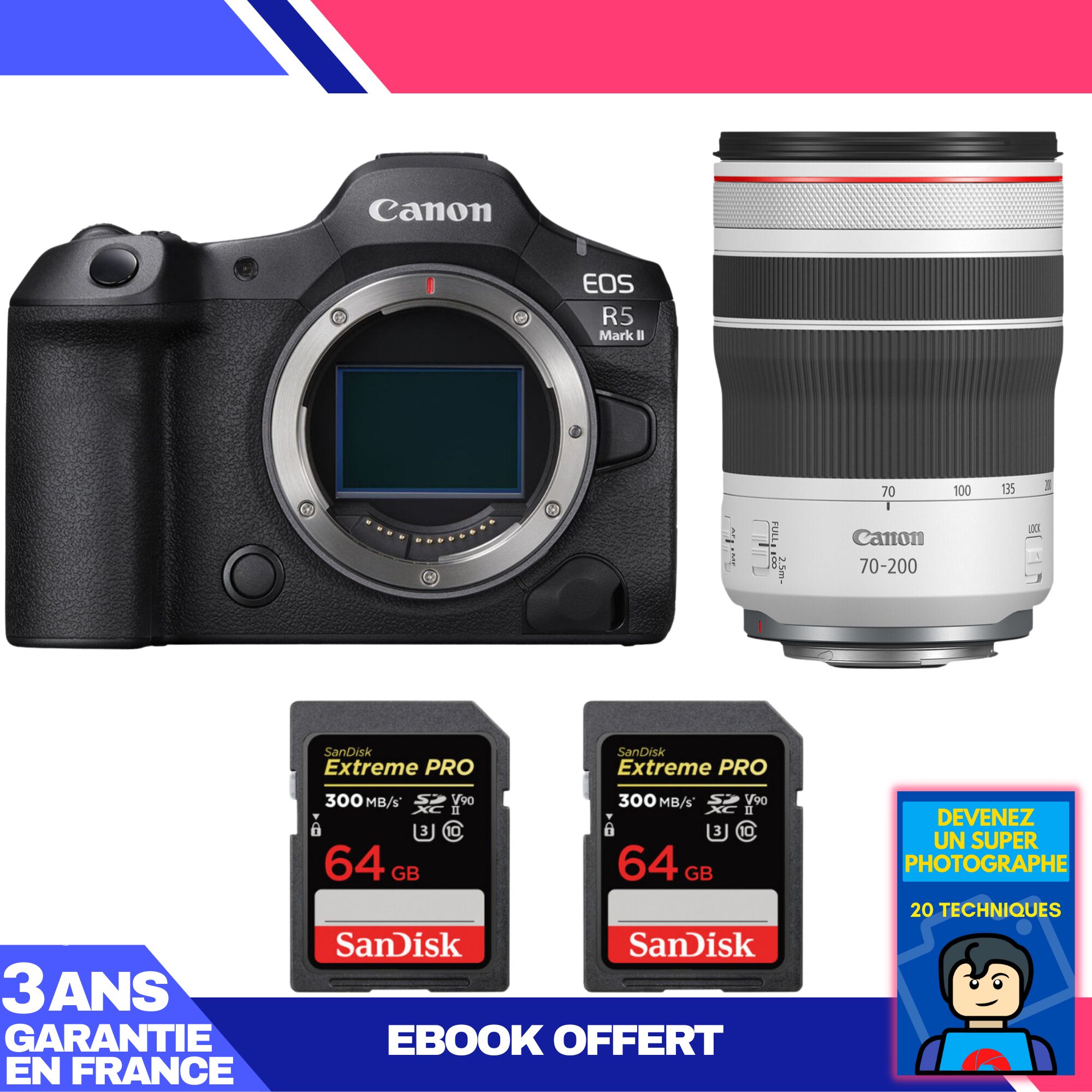 Canon EOS R5 Mark II Camera + RF 70-200mm f/4 L IS USM Lens + 2x 64GB SanDisk Extreme PRO UHS-II SDXC Cards