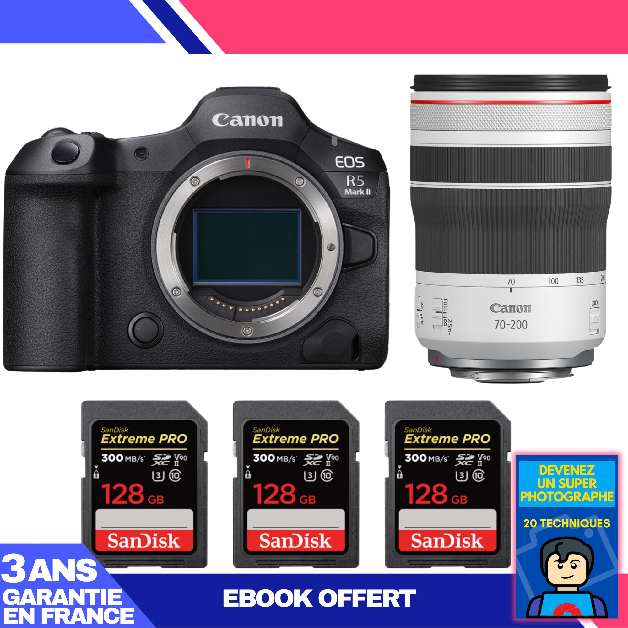 Appareil photo Canon EOS R5 Mark II avec objectif RF 70-200mm f/4 L IS USM et 3 cartes mémoire SanDisk 128 Go Extreme PRO UHS-II