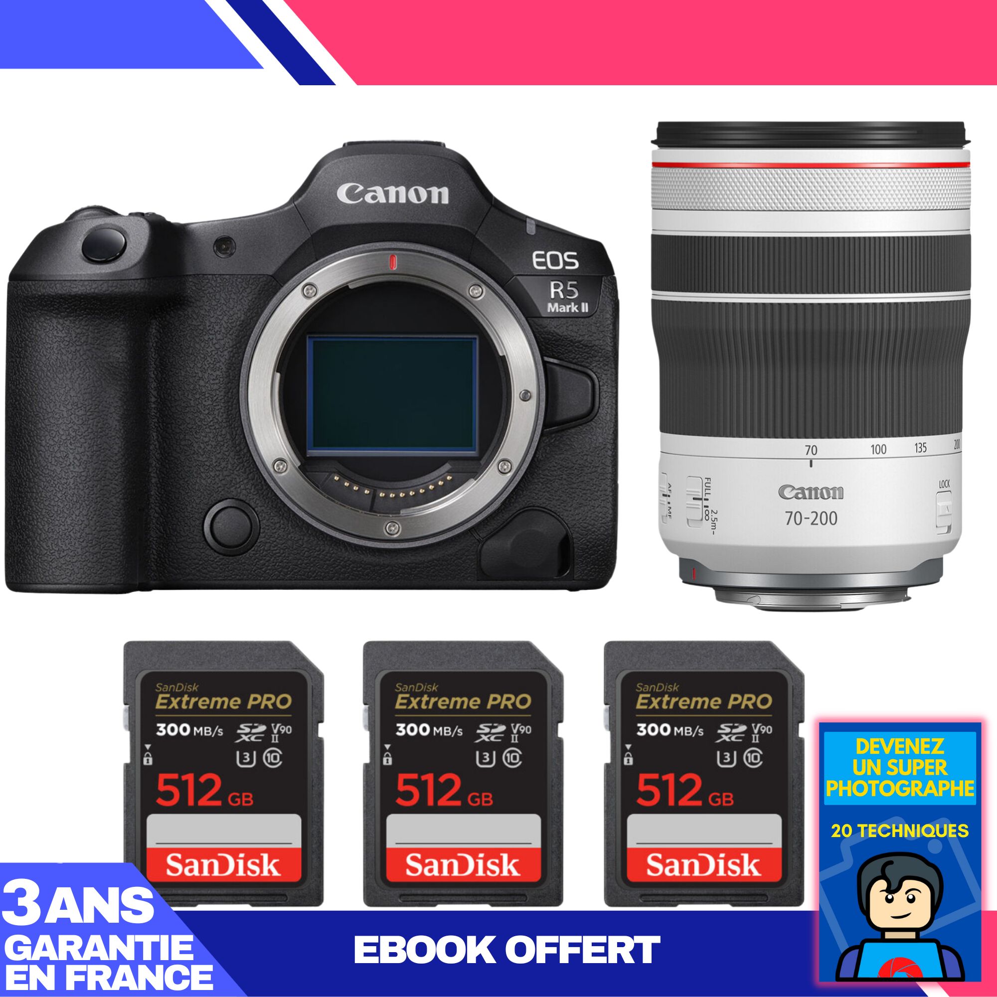 Appareil photo Canon EOS R5 Mark II + Objectif RF 70-200mm f/4 L IS USM + 3 Cartes SDXC SanDisk Extreme PRO 512 Go UHS-II 300 Mo/s + Ebook 'Devenez un Super Photographe'