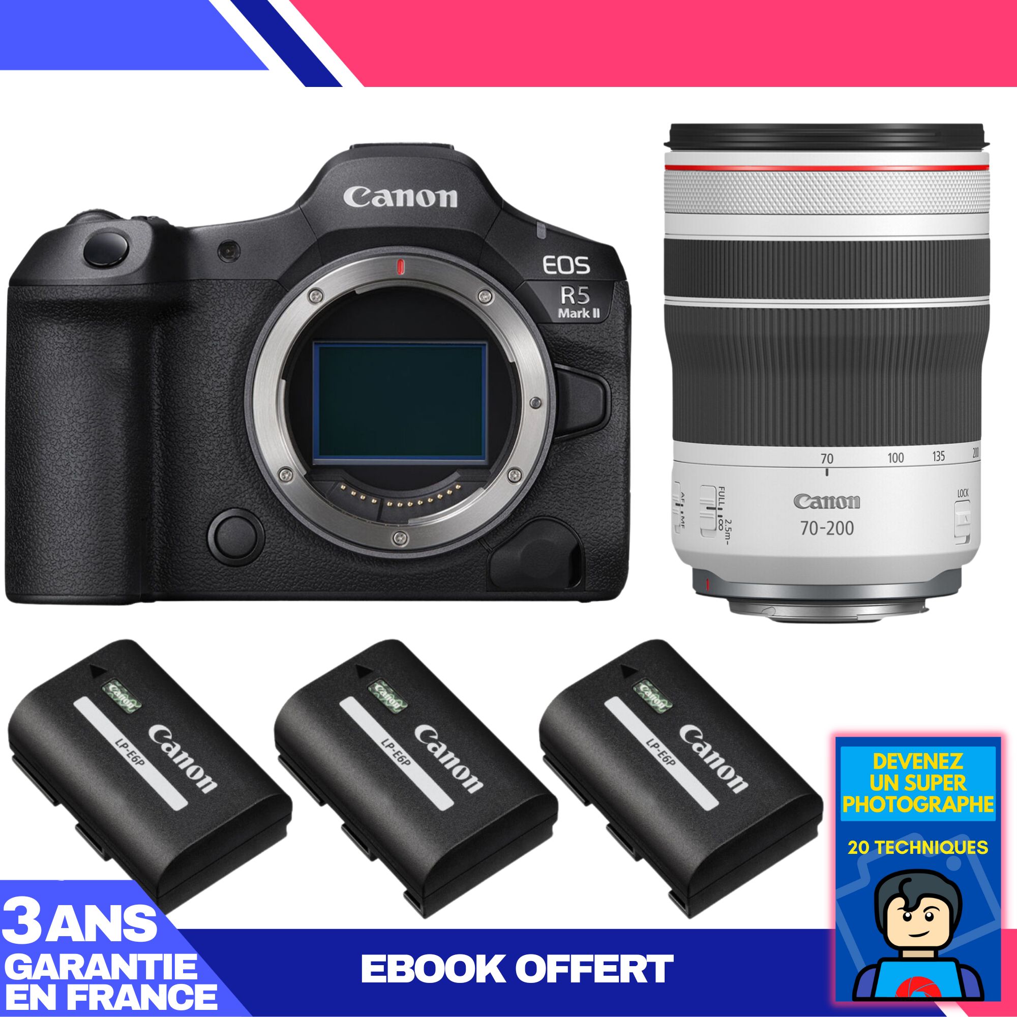 Cámaras Canon EOS R5 Mark II + Objetivo RF 70-200mm f/4 L IS USM + 3 Baterías Canon LP-E6P + Ebook 'Conviértete en un Fotógrafo Super'