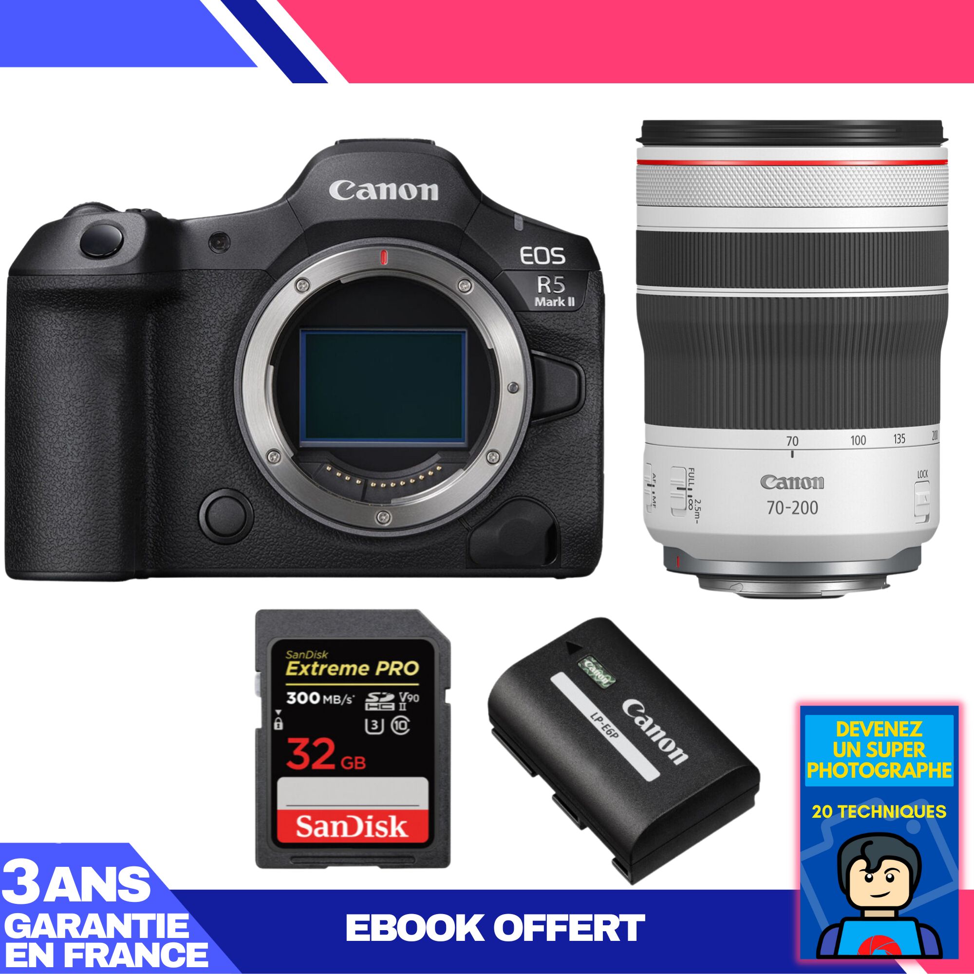 Canon EOS R5 Mark II Camera Kit with RF 70-200mm f/4 L IS USM Lens + 1 SanDisk 32GB Extreme PRO UHS-II SDXC Card + 1 Canon LP-E6P Battery + Ebook 'Become a Super Photographer'