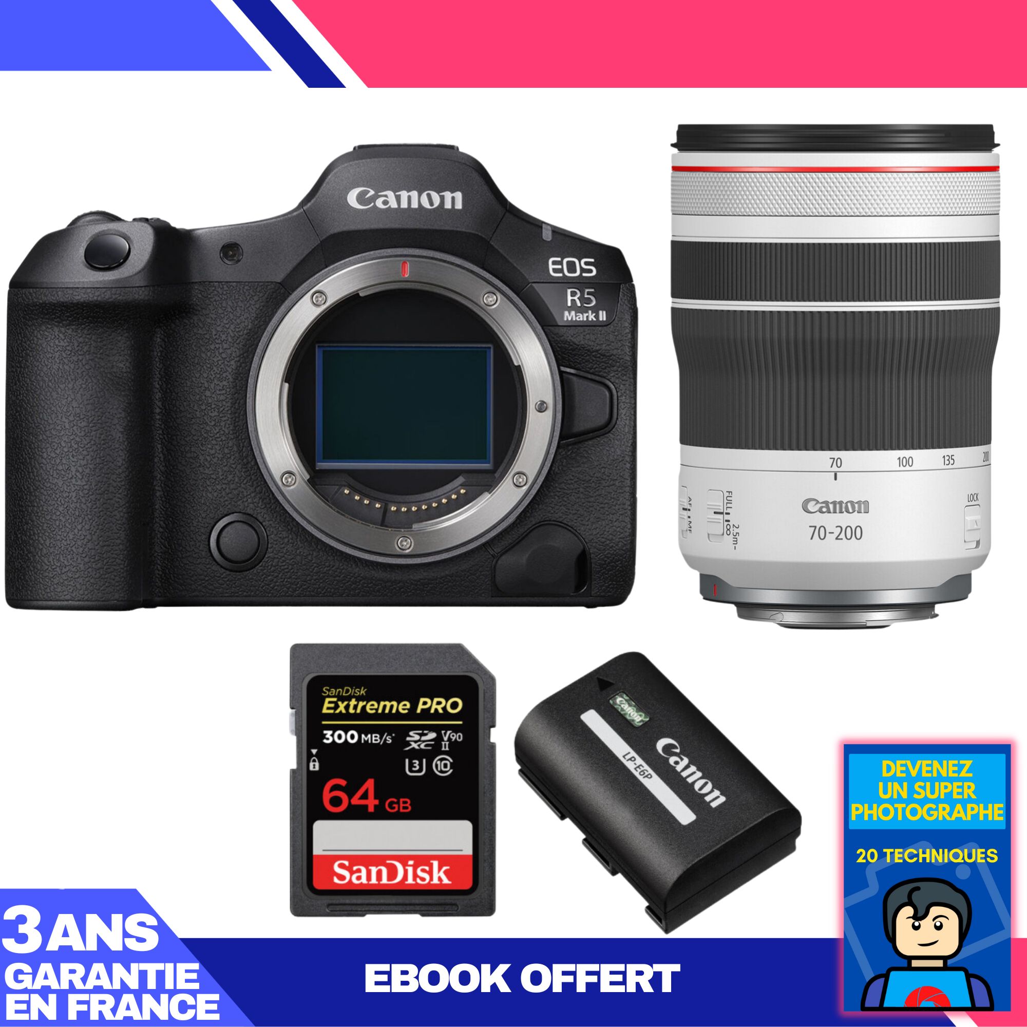 Canon EOS R5 Mark II Body + RF 70-200mm f/4 L IS USM Lens + 1 SanDisk 64GB Extreme PRO UHS-II SDXC Card + 1 Canon LP-E6P