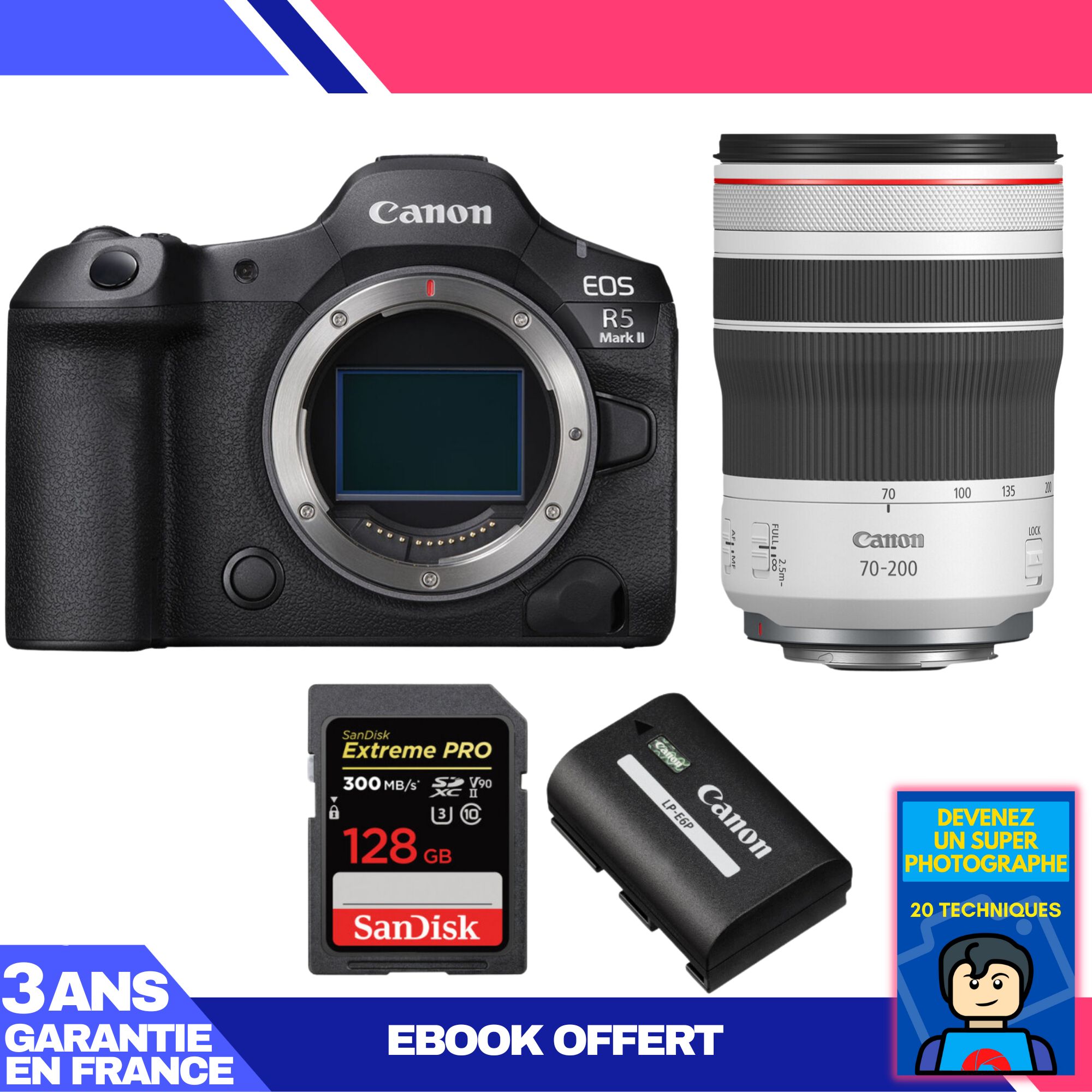 Canon EOS R5 Mark II + RF 70-200mm f/4 L IS USM + 1x 128GB SanDisk Extreme PRO UHS-II SDXC + 1x Canon LP-E6P + Ebook