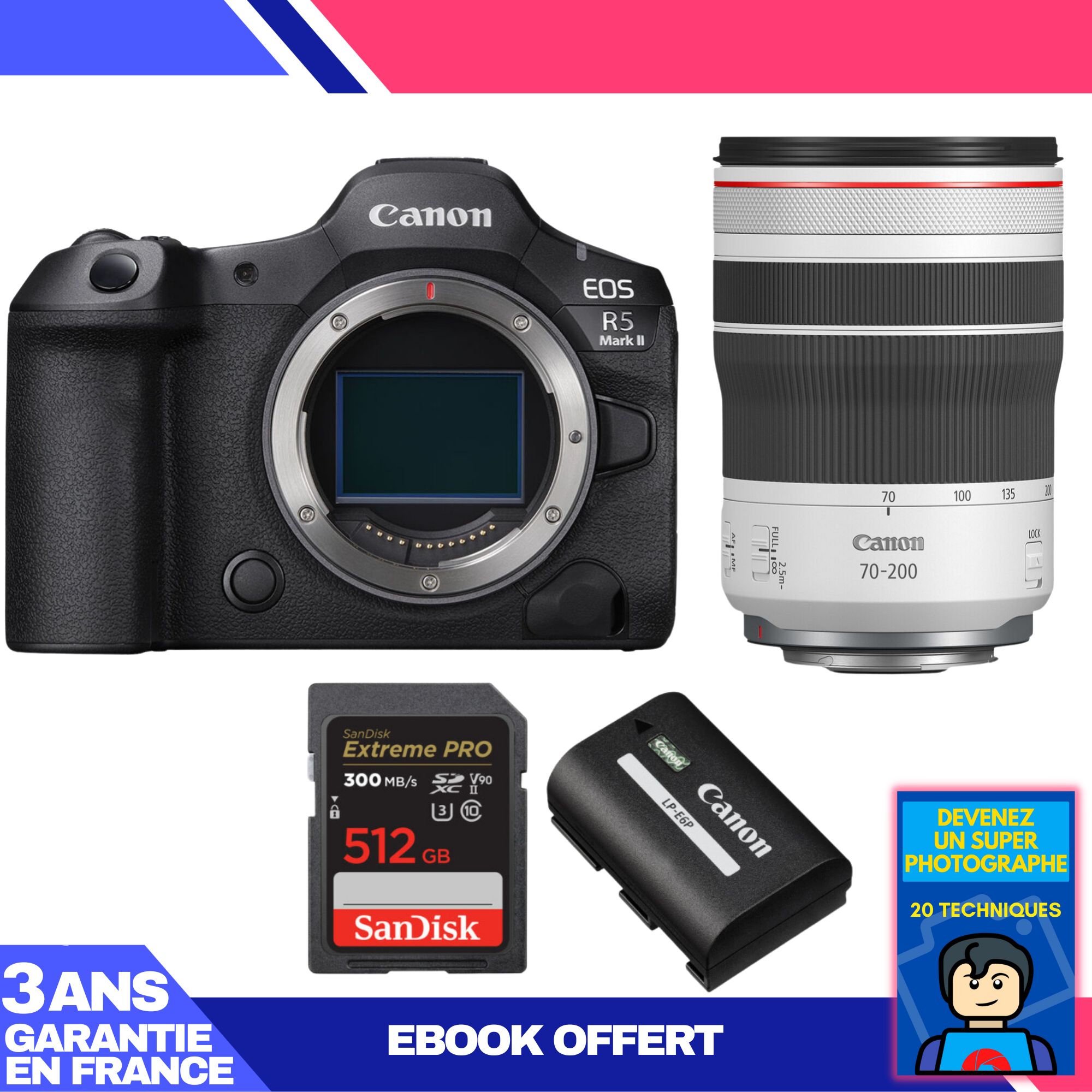 Canon EOS R5 Mark II + RF 70-200mm f/4 L IS USM Lens + 1 SanDisk 512GB Extreme PRO UHS-II SDXC Card + 1 Canon LP-E6P