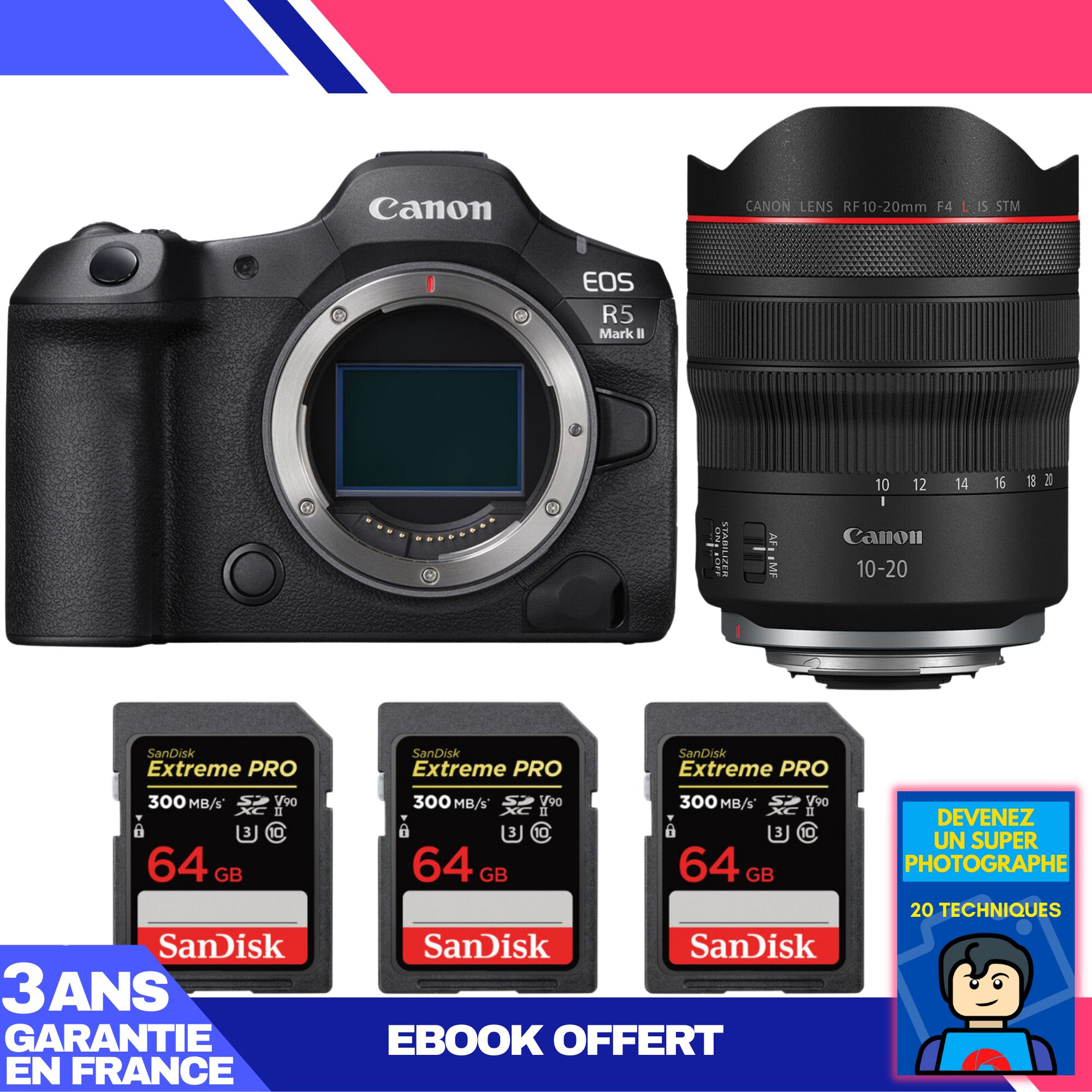 Kit Canon EOS R5 Mark II avec objectif RF 10-20mm f/4 L IS STM et 3 cartes mémoire SanDisk Extreme PRO UHS-II 64 Go