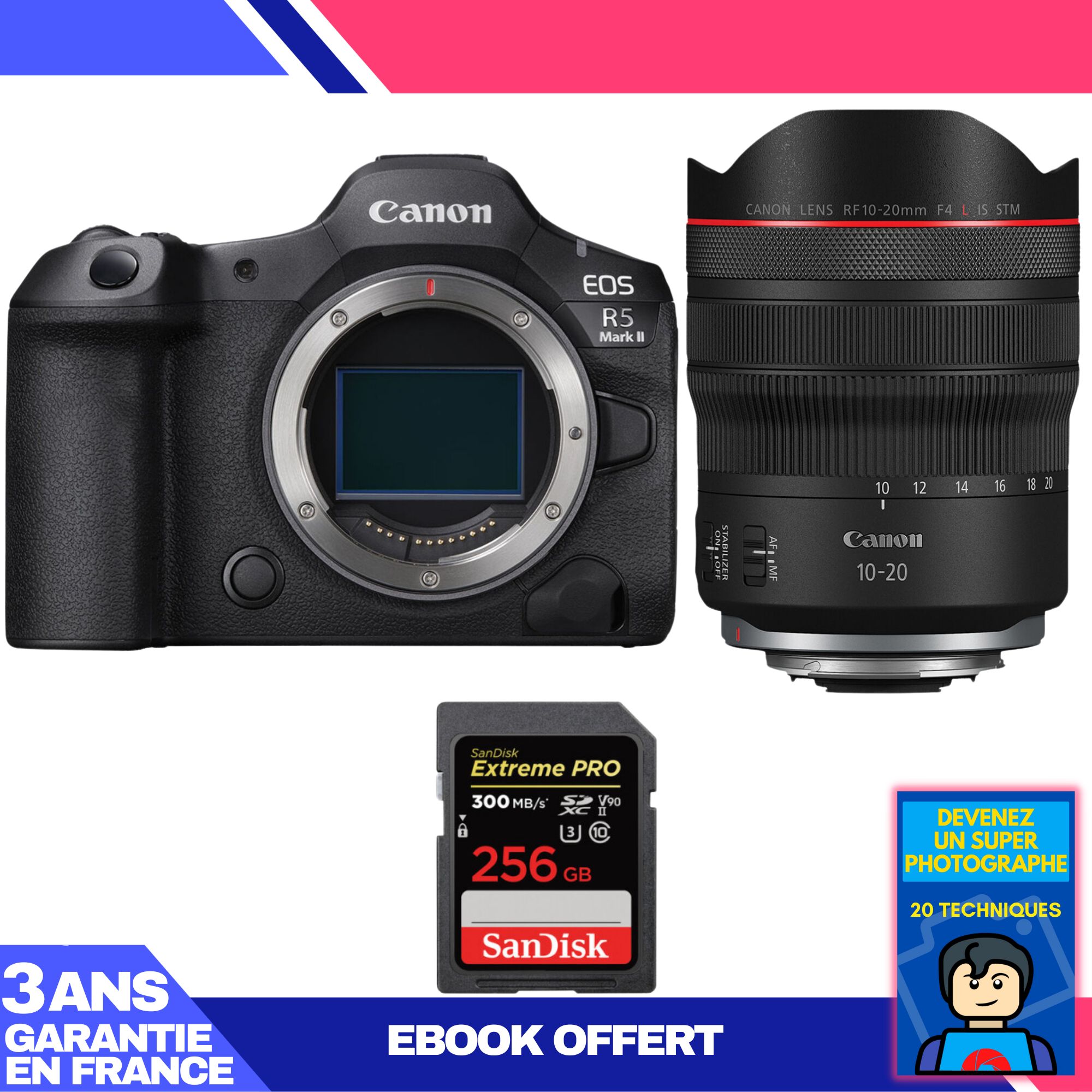 Canon EOS R5 Mark II Camera Kit with RF 10-20mm f/4 L IS STM and 256GB SanDisk Extreme PRO SD Card + Ebook 'Become a Super Photographer'