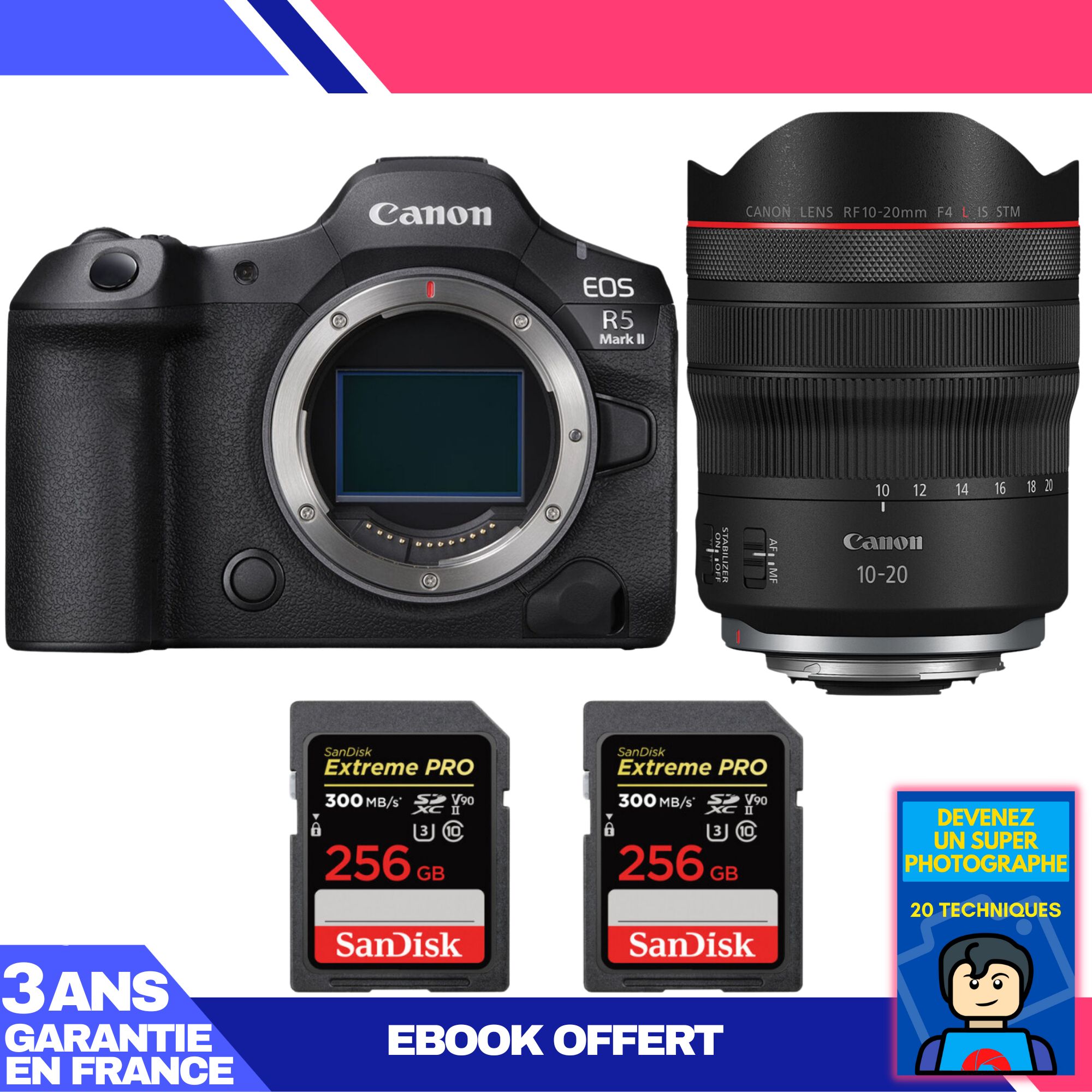 Canon EOS R5 Mark II Camera Kit with RF 10-20mm f/4 L IS STM Lens + 2 x 256GB SanDisk Extreme PRO SD Cards + Ebook