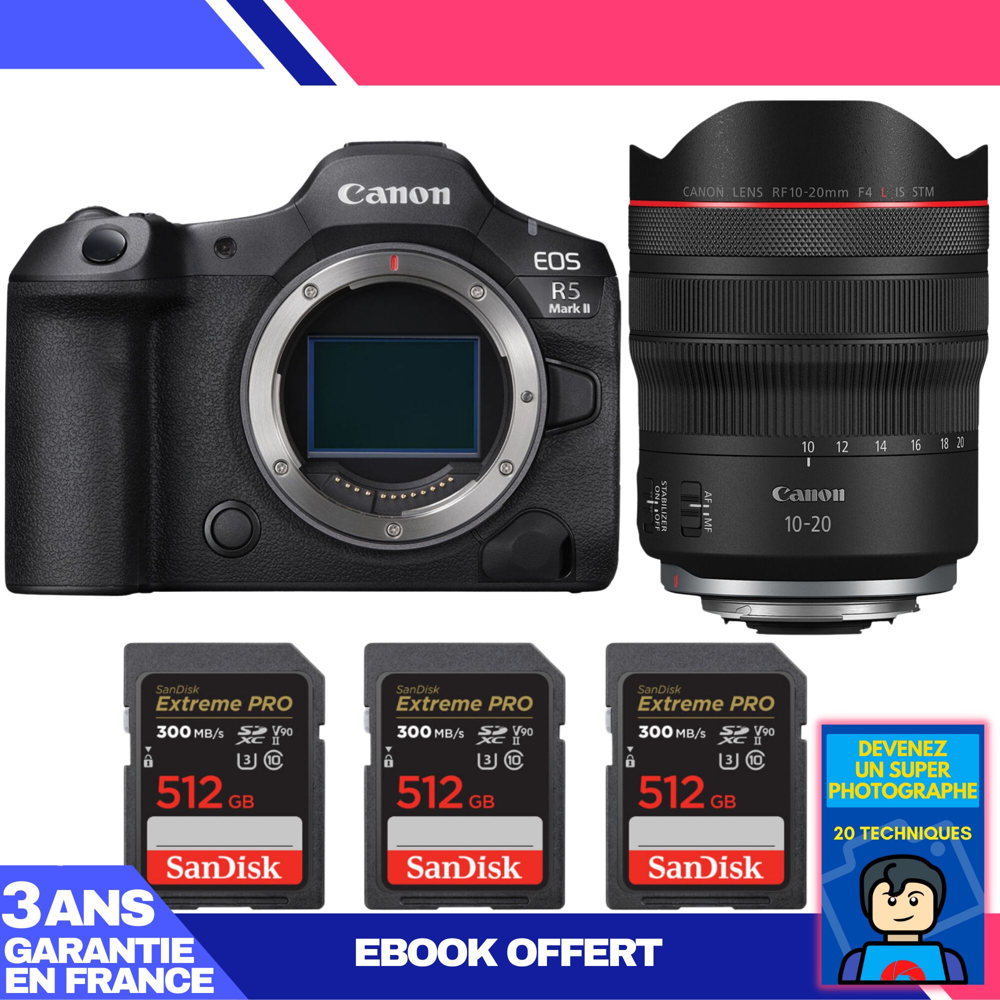 Kit Canon EOS R5 Mark II avec objectif RF 10-20mm f/4 L IS STM + 3 cartes SDXC SanDisk 512 Go Extreme PRO UHS-II 300 Mo/s