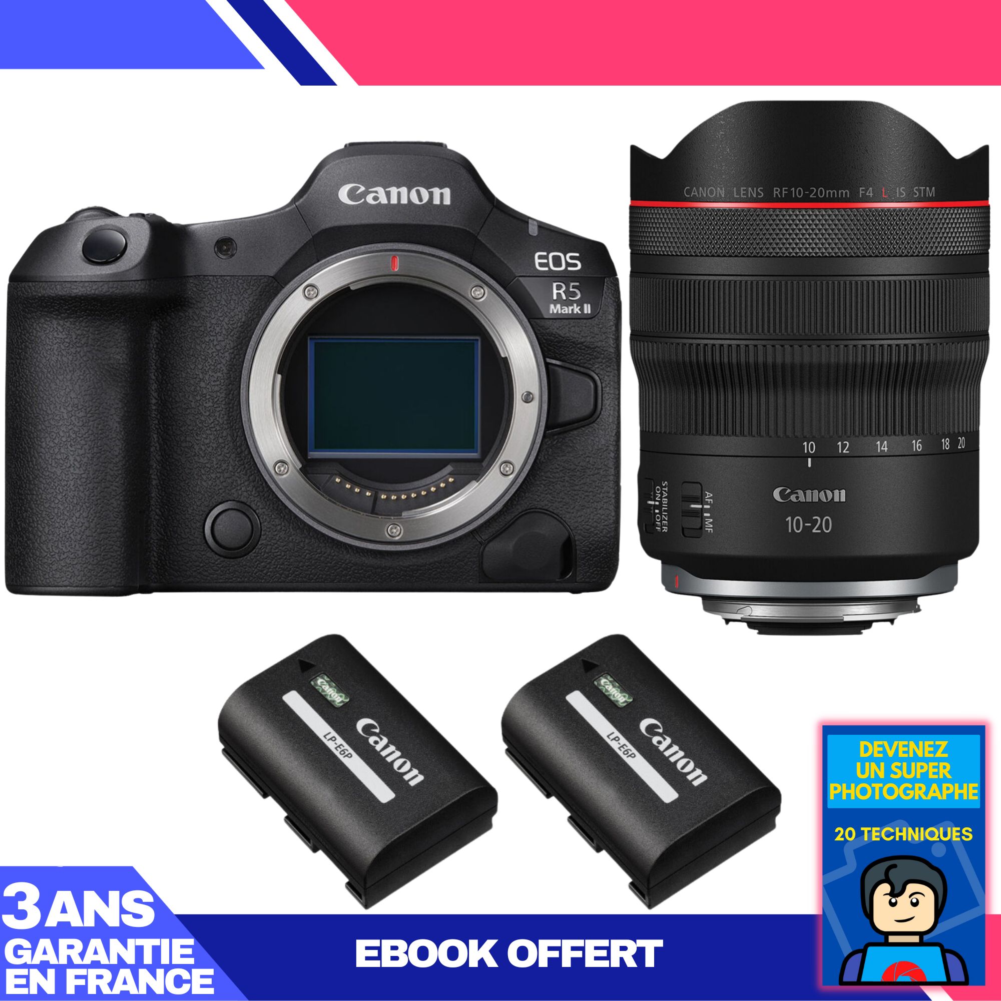 Canon EOS R5 Mark II Camera Kit with RF 10-20mm f/4 L IS STM Lens + 2 Canon LP-E6P Batteries + Ebook: Become a Super Photographer