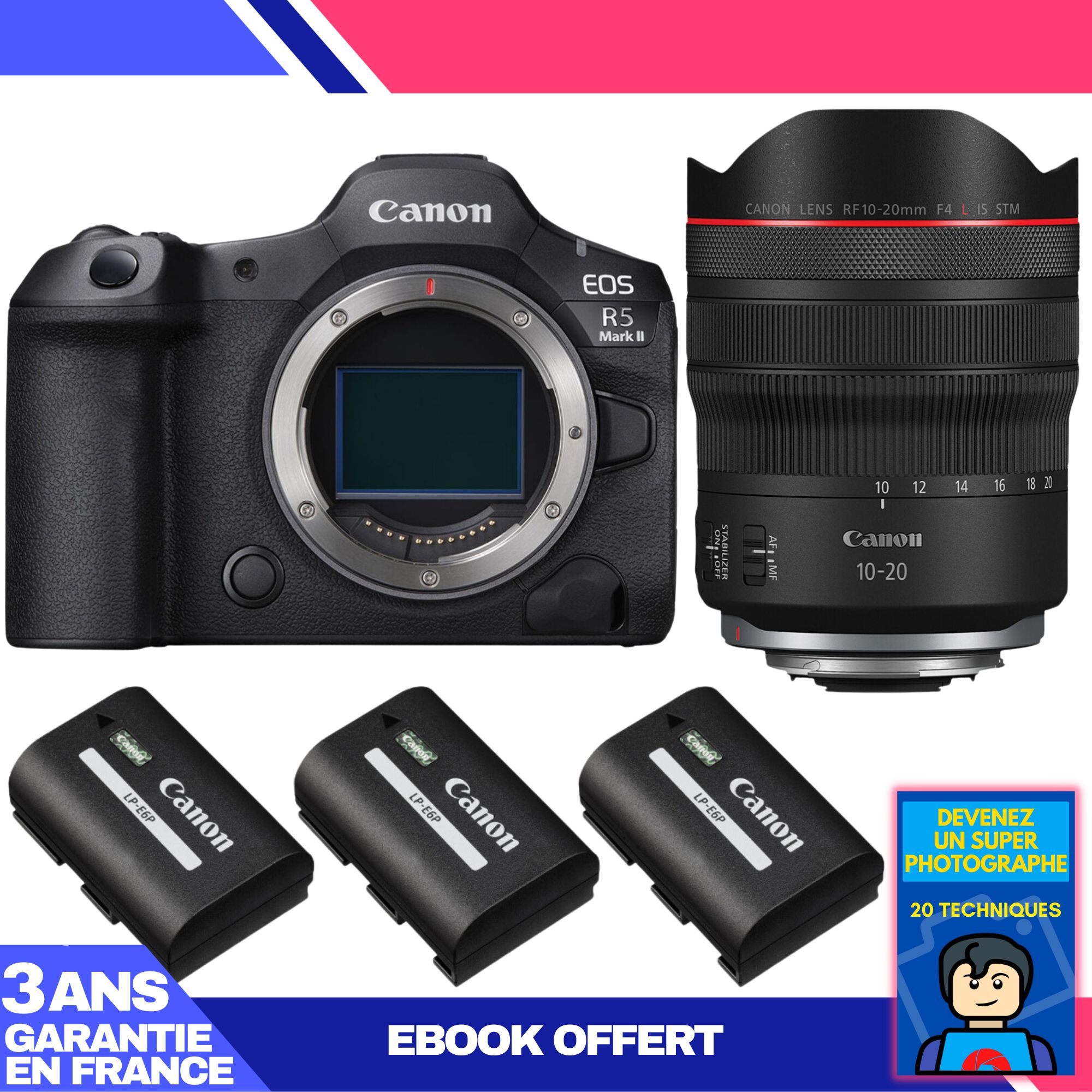 Appareil photo hybride plein format Canon EOS R5 Mark II, avec objectif RF 10-20mm f/4 L IS STM, 3 batteries LP-E6P et ebook : Devenez un super photographe