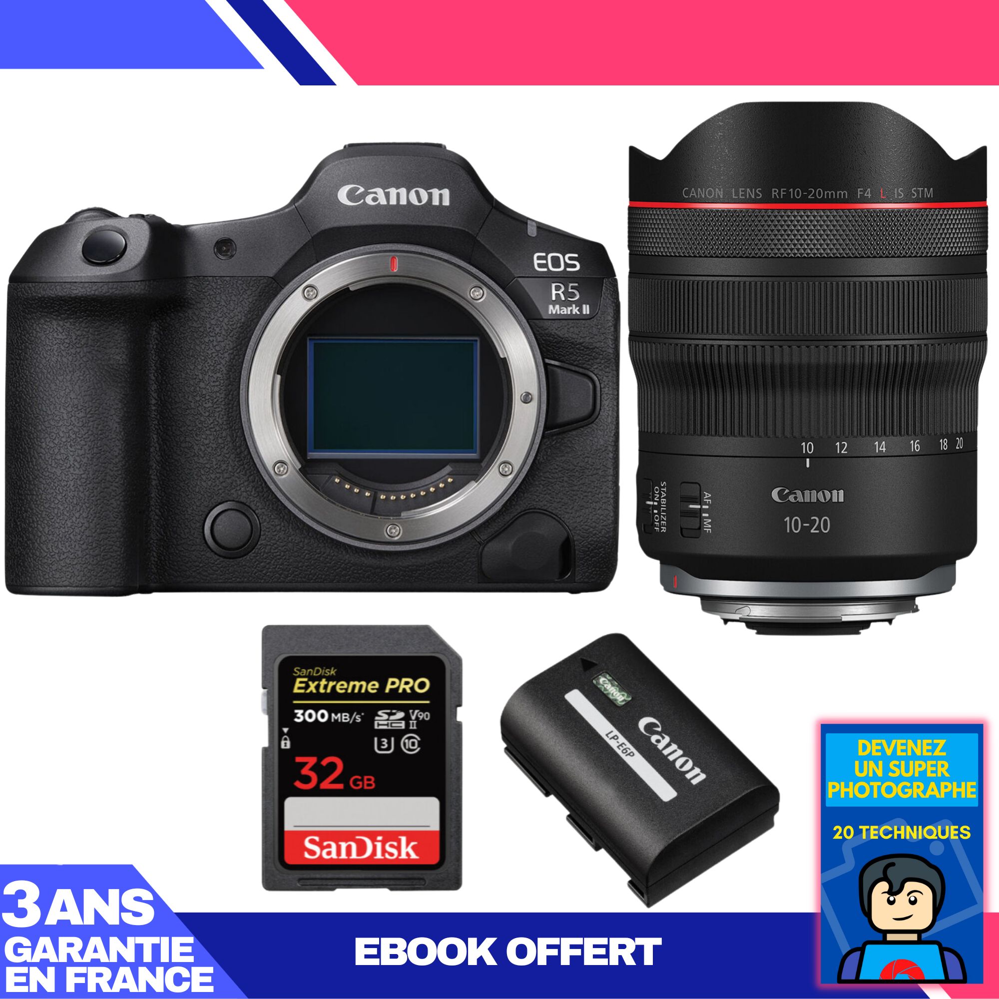Canon EOS R5 Mark II Camera Kit with RF 10-20mm f/4 L IS STM Lens and 32GB SanDisk Extreme PRO SD Card + Canon LP-E6P