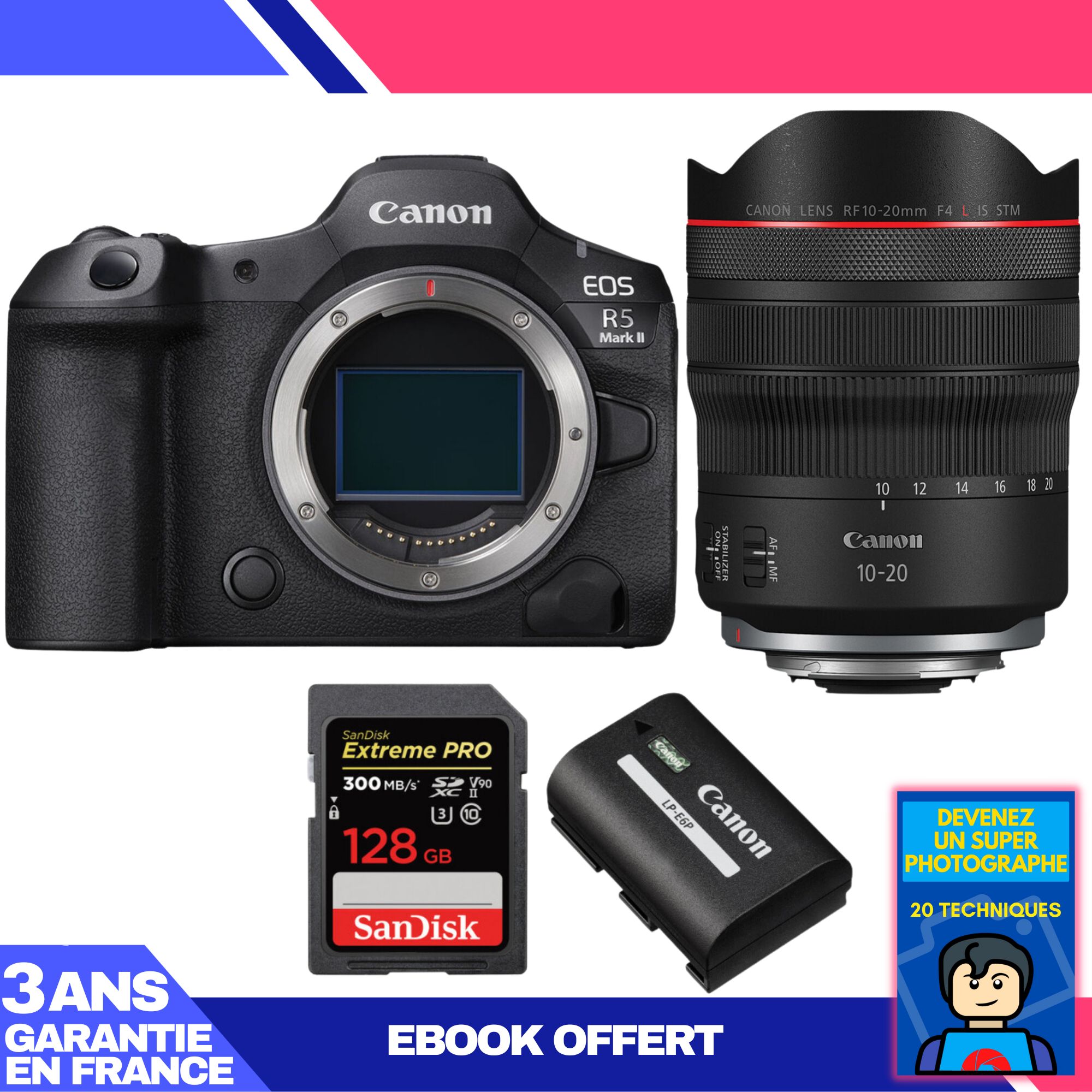 Canon EOS R5 Mark II Camera Kit with RF 10-20mm f/4 L IS STM Lens and Sandisk 128GB Card + Canon LP-E6P Battery