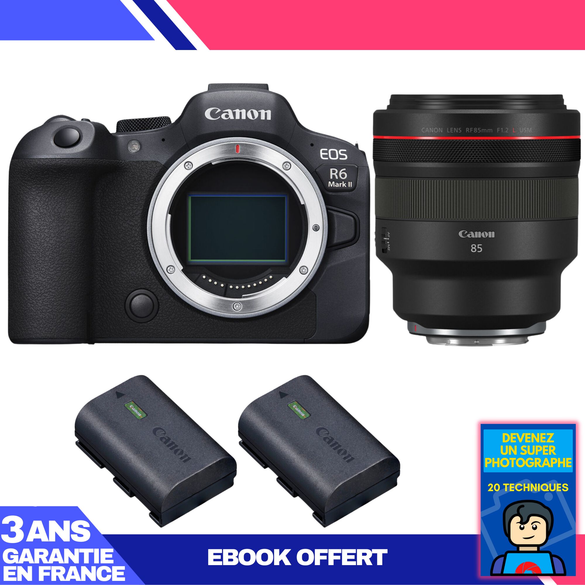 Canon EOS R6 Mark II Camera + RF 85mm f/1.2 L USM Lens + 2 Canon LP-E6NH Batteries + 'Become a Super Photographer' Ebook