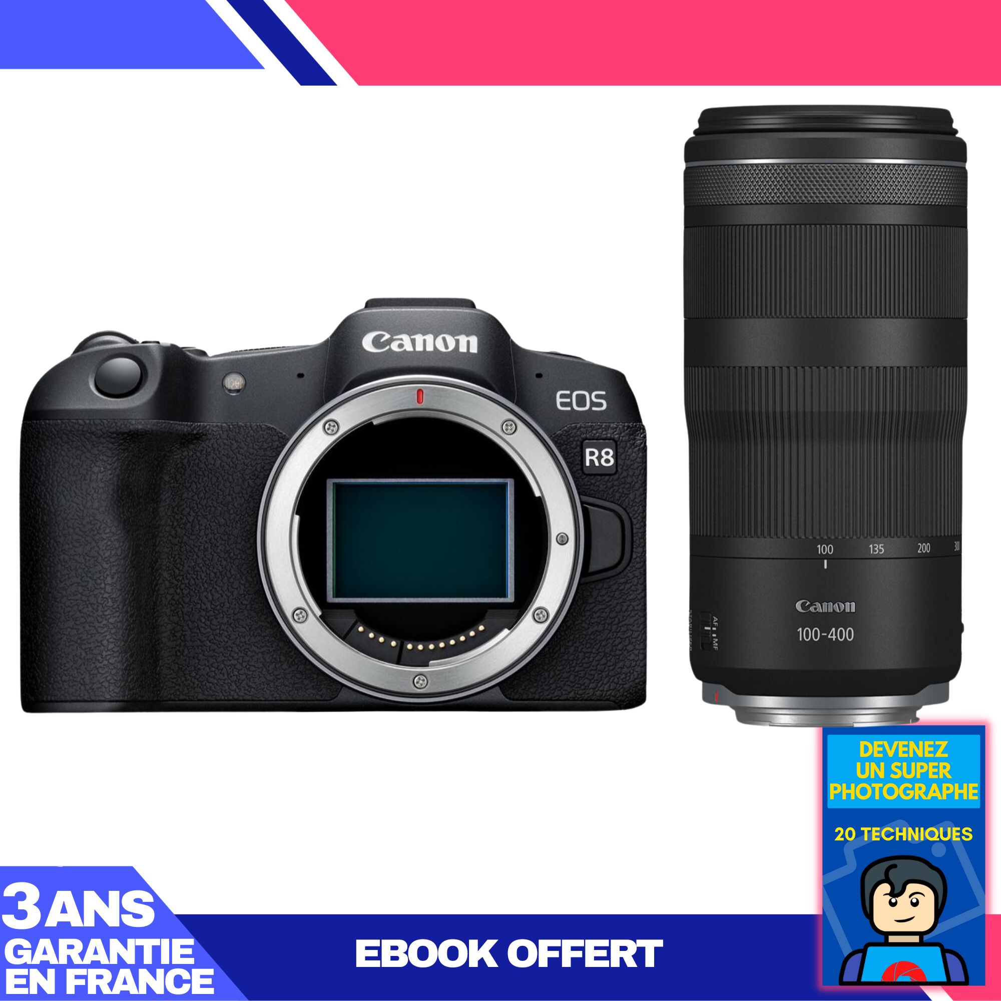 Canon EOS R8 Body + RF 100-400mm f/5.6-8 IS USM + Ebook 'Become a Super Photographer'
