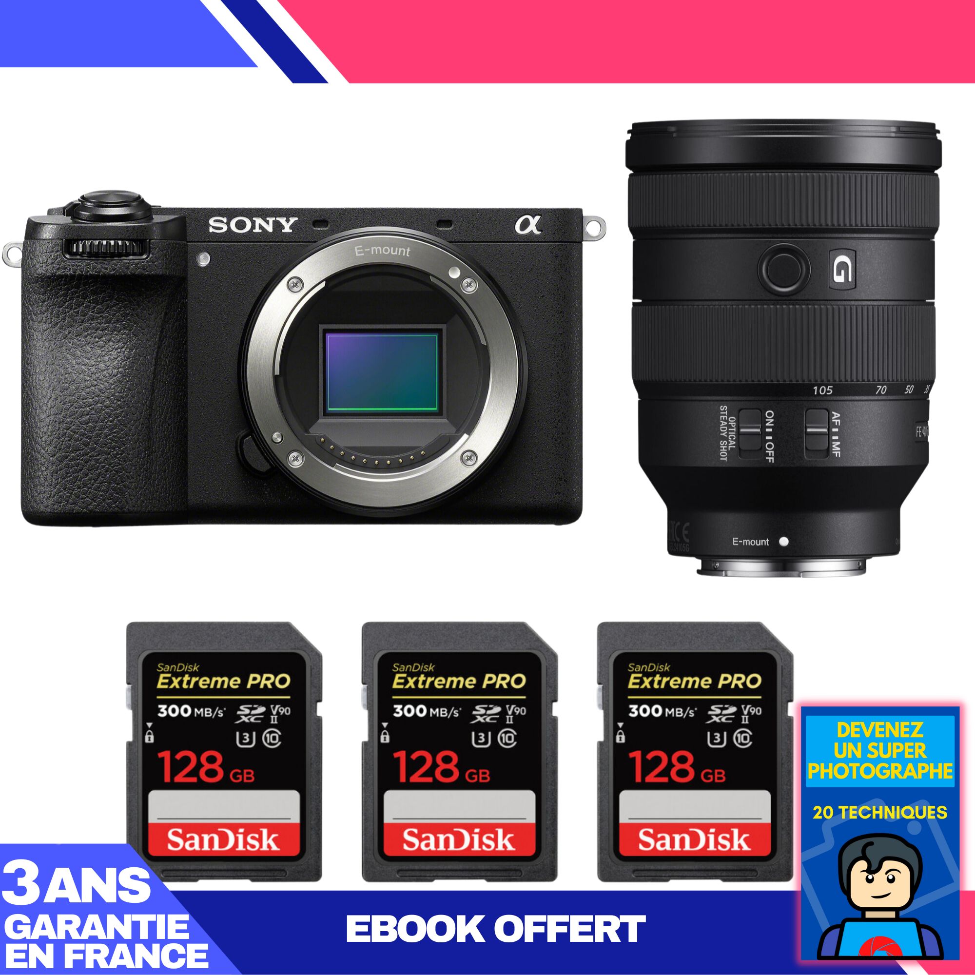 Sony A6700 Mirrorless Camera + FE 24-105mm f/4 G OSS Lens + 3 SanDisk 128GB Extreme PRO UHS-II SDXC Memory Cards