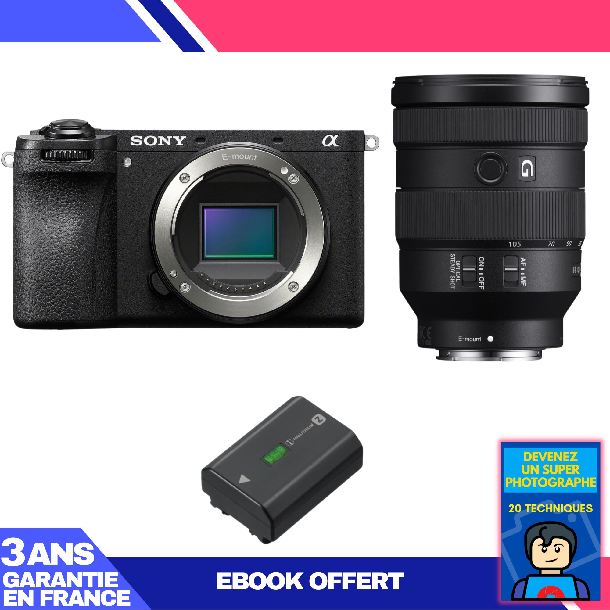 Sony A6700 + FE 24-105mm f/4 G OSS Lens + NP-FZ100 Battery + 'Become a Super Photographer' Ebook