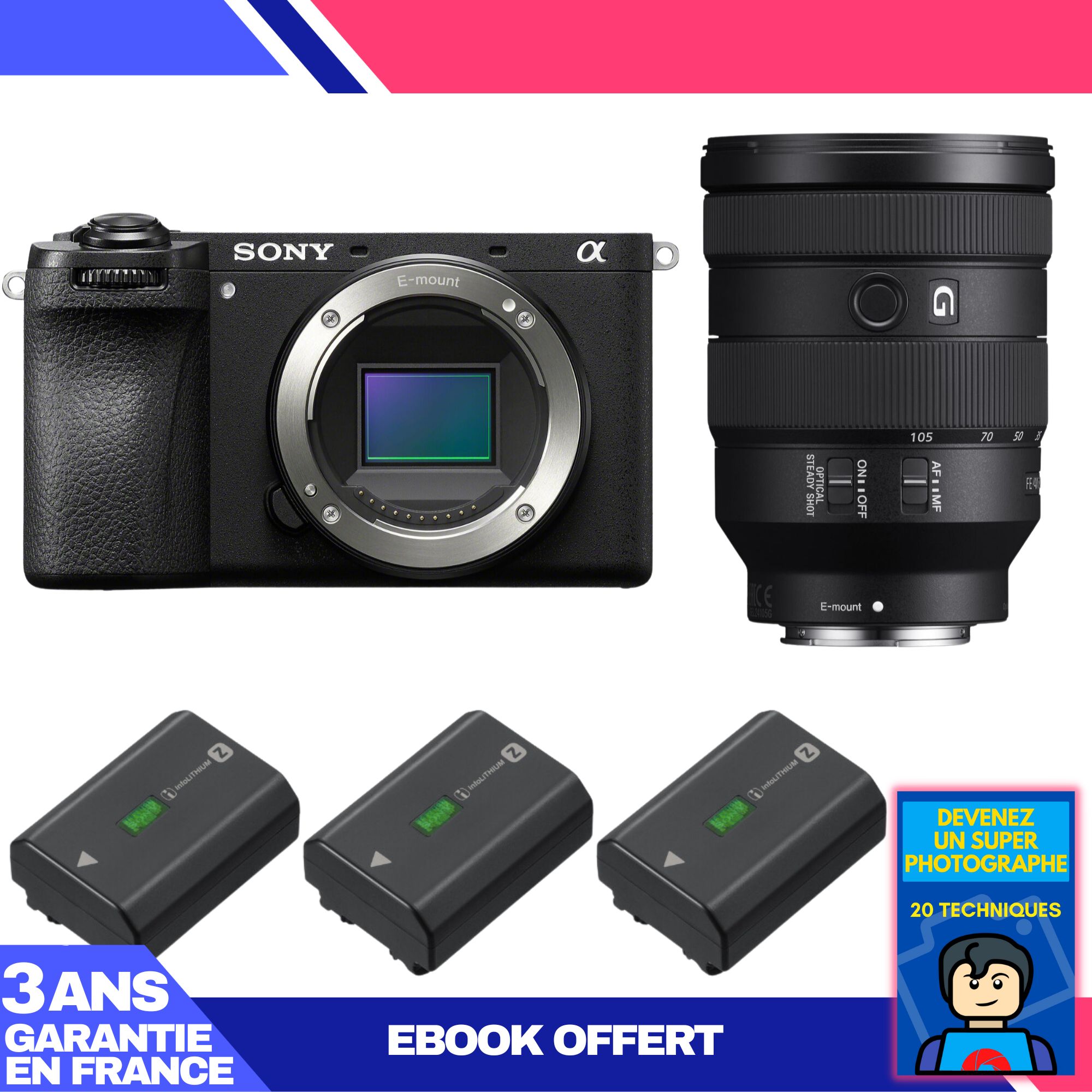 Sony A6700 Mirrorless Camera + FE 24-105mm f/4 G OSS Lens + 3 Sony NP-FZ100 Batteries + 'Become a Super Photographer' Ebook