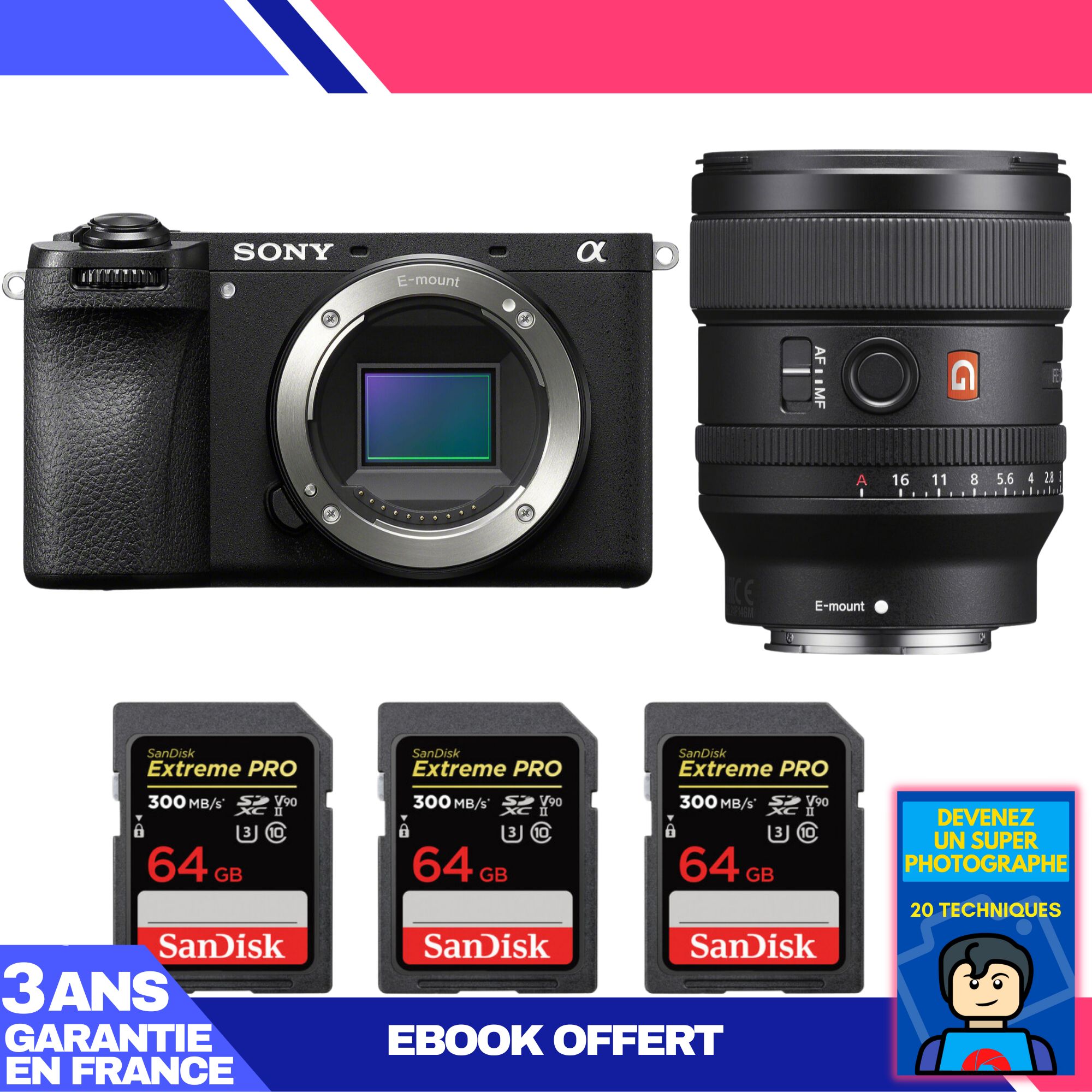 Sony A6700 Camera + FE 24mm f/1.4 GM Lens + 3 SanDisk 64GB Extreme PRO SD Cards + 'Become a Super Photographer' Ebook
